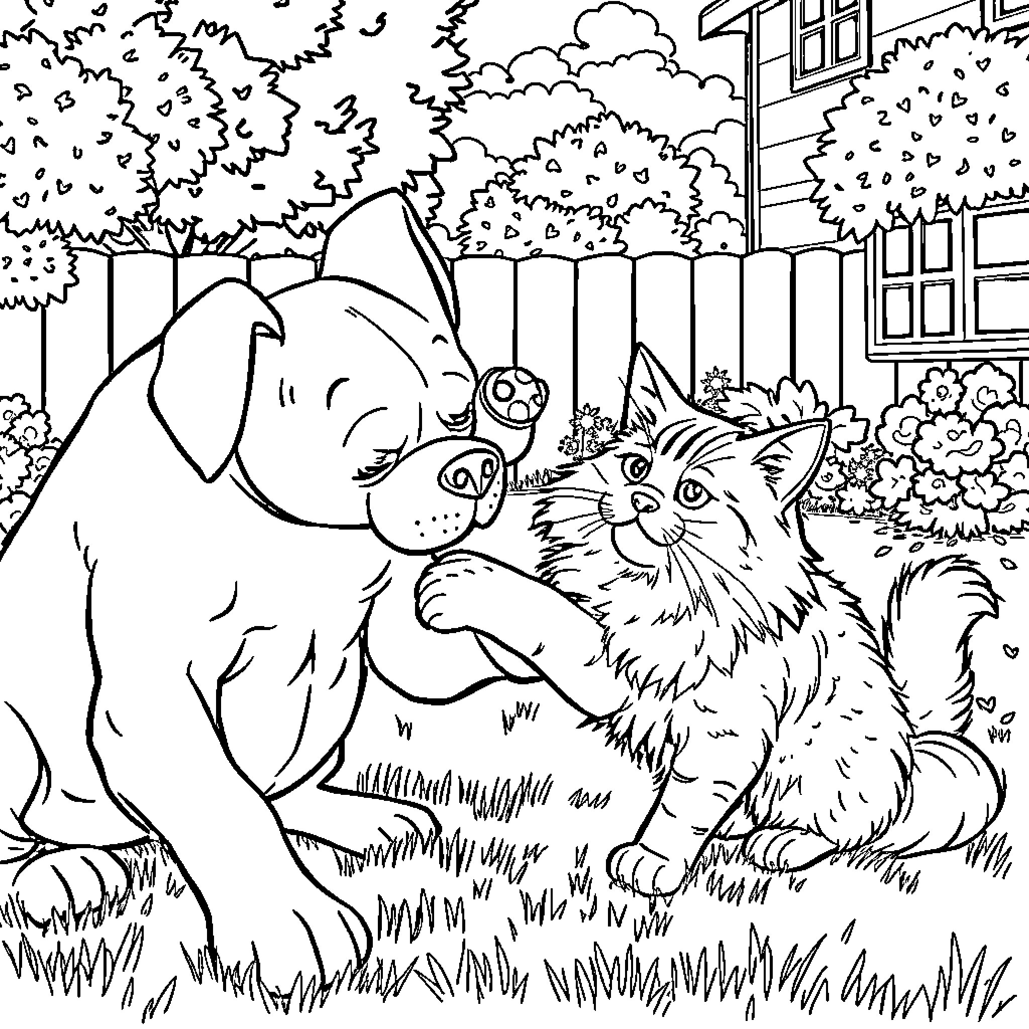 Staffy playing with a curious cat in a backyard Coloring Page (free black-and-white line drawing printable PDF for all, from beginners to advanced learners, including children, teens, adults, and seniors)