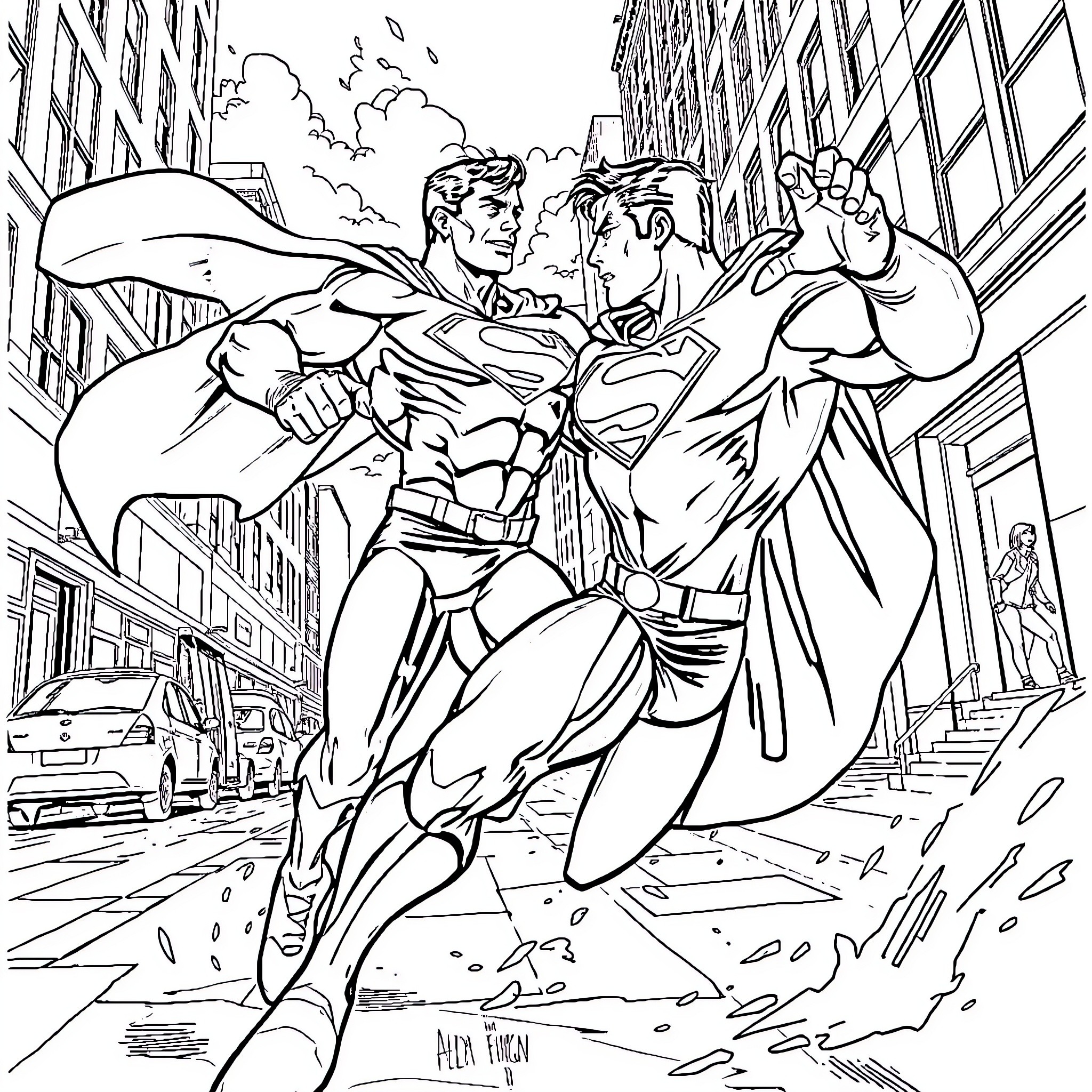 Superman battles villain in city street Coloring Page (free black-and-white line drawing printable PDF for all, from beginners to advanced learners, including children, teens, adults, and seniors)
