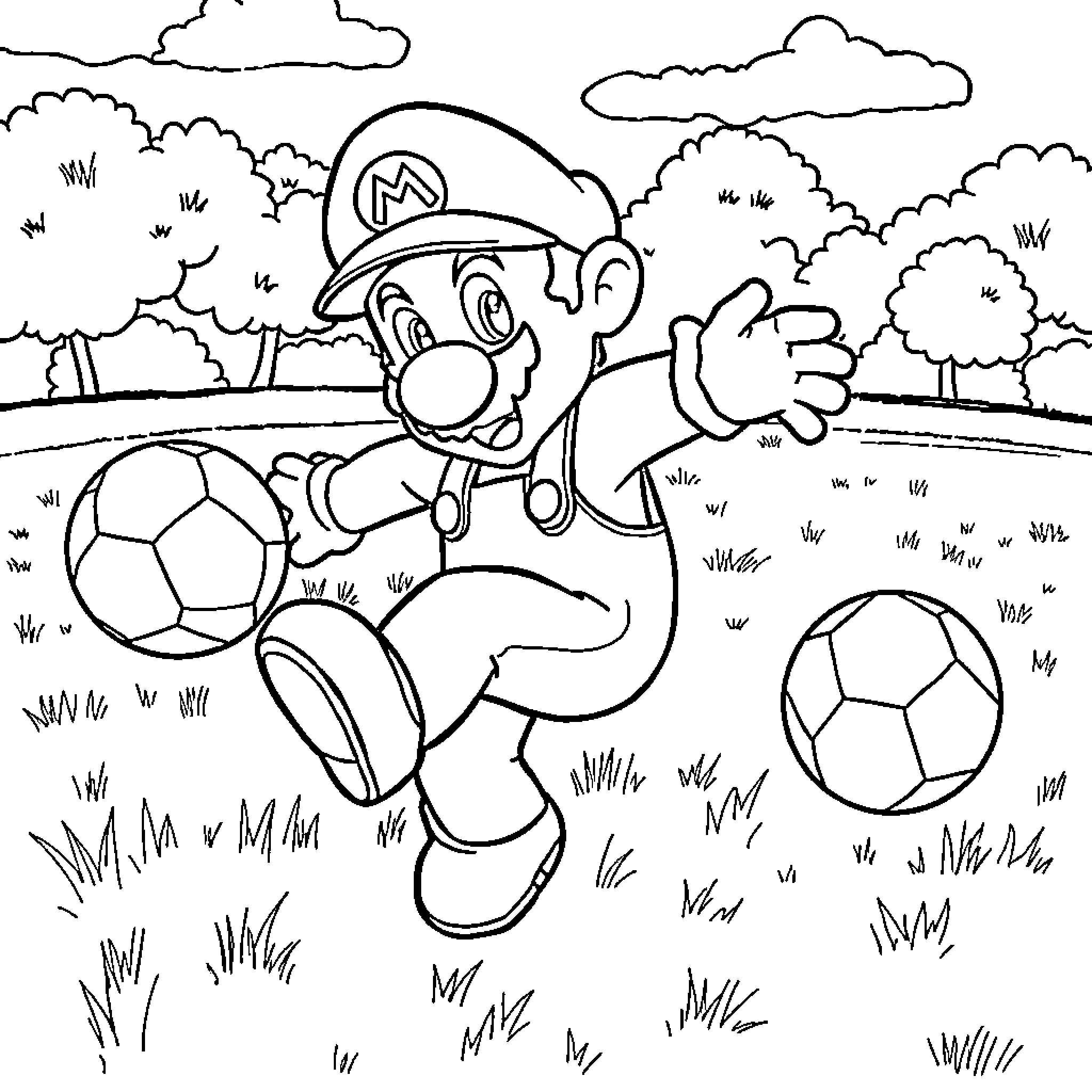 Mario playing with soccer balls in the park Coloring Page (free black-and-white line drawing printable PDF for all, from beginners to advanced learners, including children, teens, adults, and seniors)