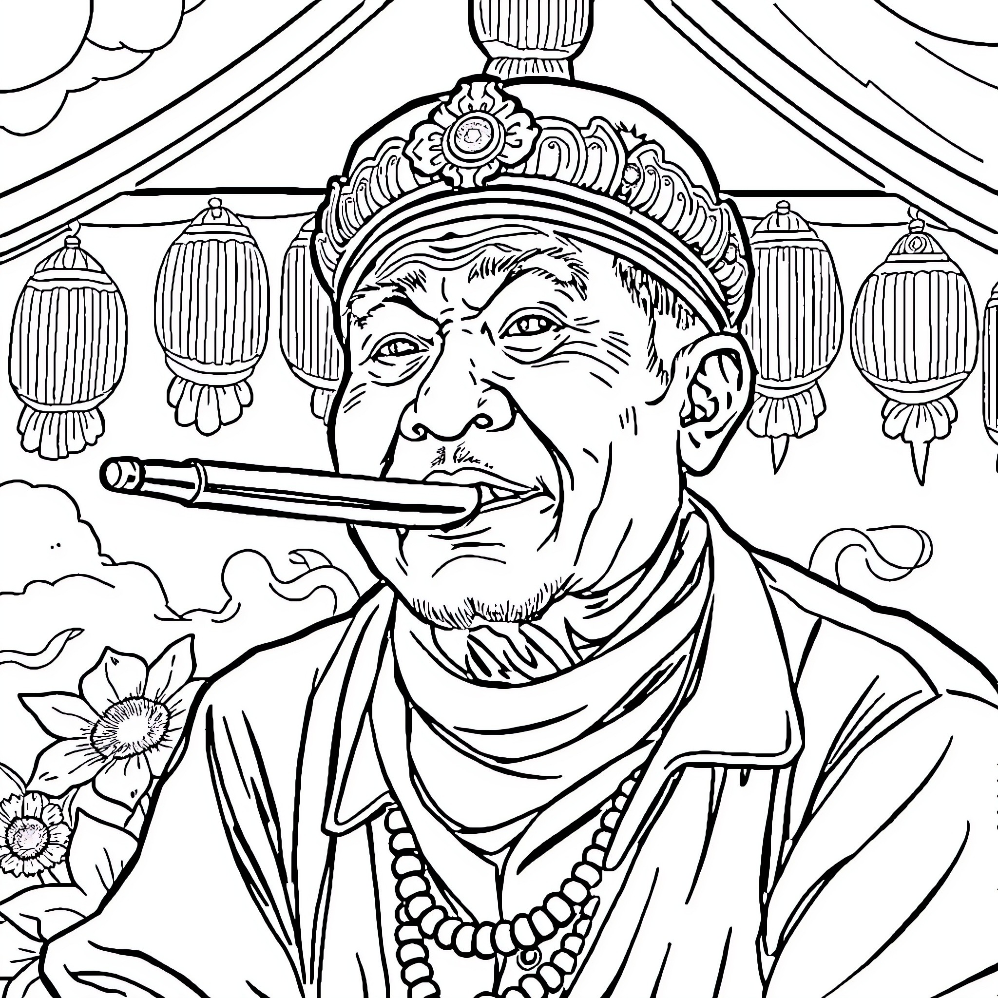 Man smoking pipe in ornate, lantern-lit setting Coloring Page (free black-and-white line drawing printable PDF for all, from beginners to advanced learners, including children, teens, adults, and seniors)