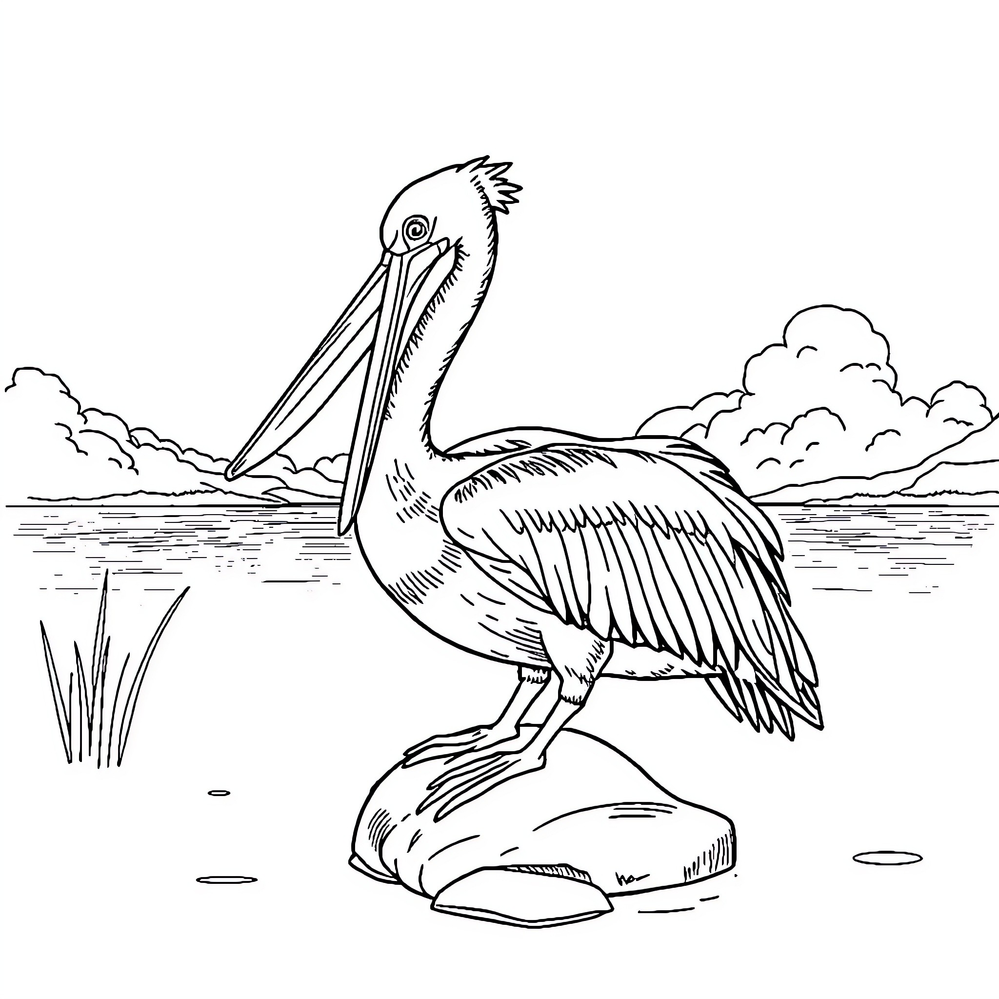 Pelican standing majestically by the water Coloring Page (free black-and-white line drawing printable PDF for all, from beginners to advanced learners, including children, teens, adults, and seniors)