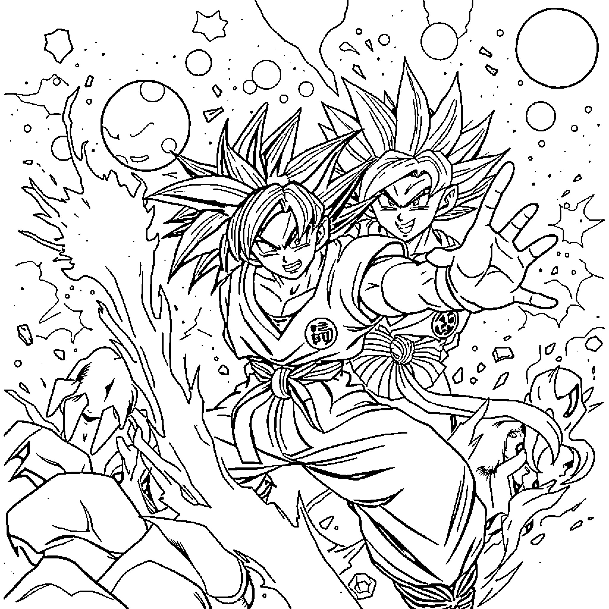 Dragon Ball Z - Explosive Battle Scenes Coloring Page (free black-and-white line drawing printable PDF for all, from beginners to advanced learners, including children, teens, adults, and seniors)