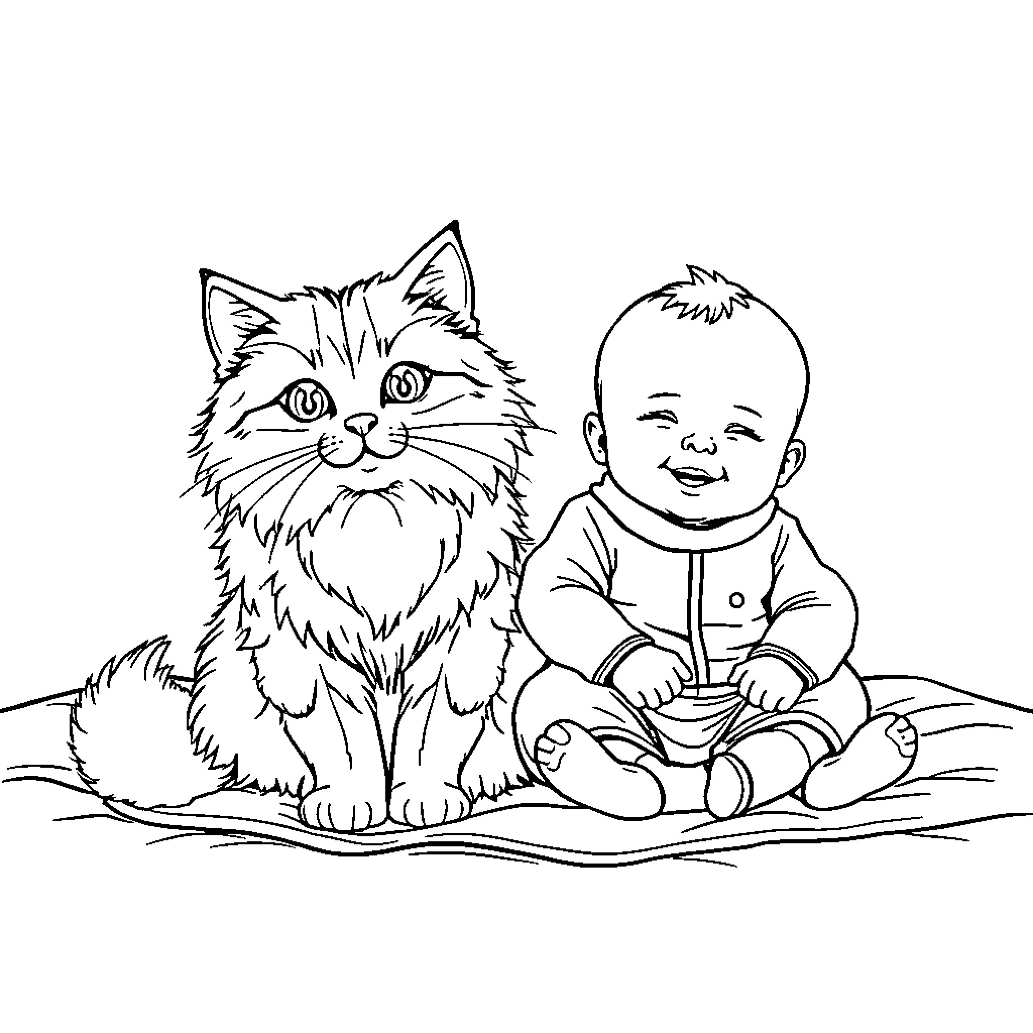 Cat and baby playing together Coloring Page (free black-and-white line drawing printable PDF for all, from beginners to advanced learners, including children, teens, adults, and seniors)