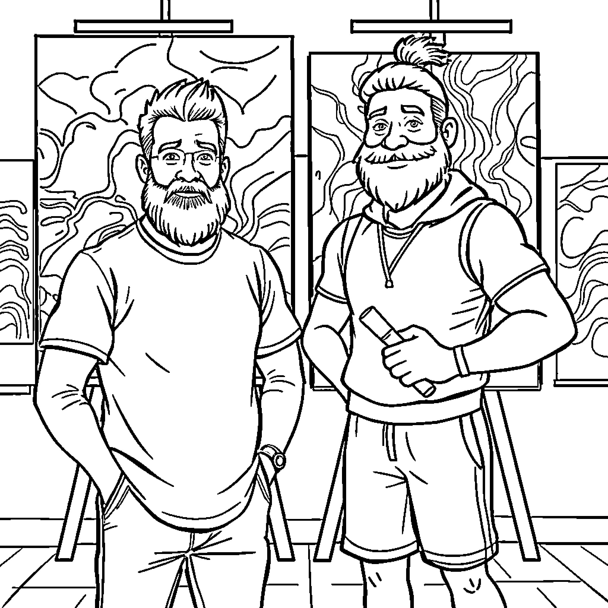Teacher guiding students in art class Coloring Page (free black-and-white line drawing printable PDF for all, from beginners to advanced learners, including children, teens, adults, and seniors)