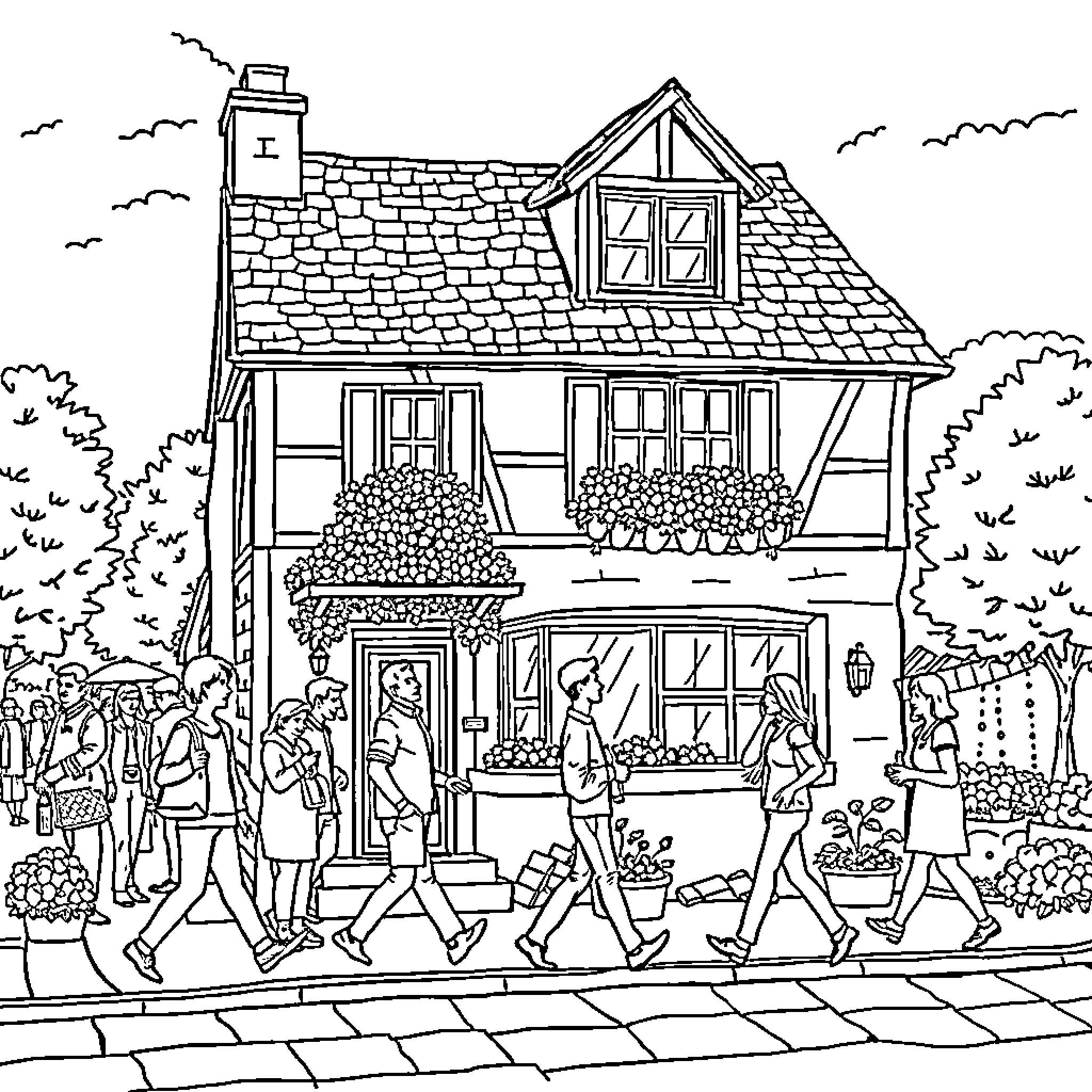 House with Lively Pedestrians on the Street Coloring Page (free black-and-white line drawing printable PDF for all, from beginners to advanced learners, including children, teens, adults, and seniors)