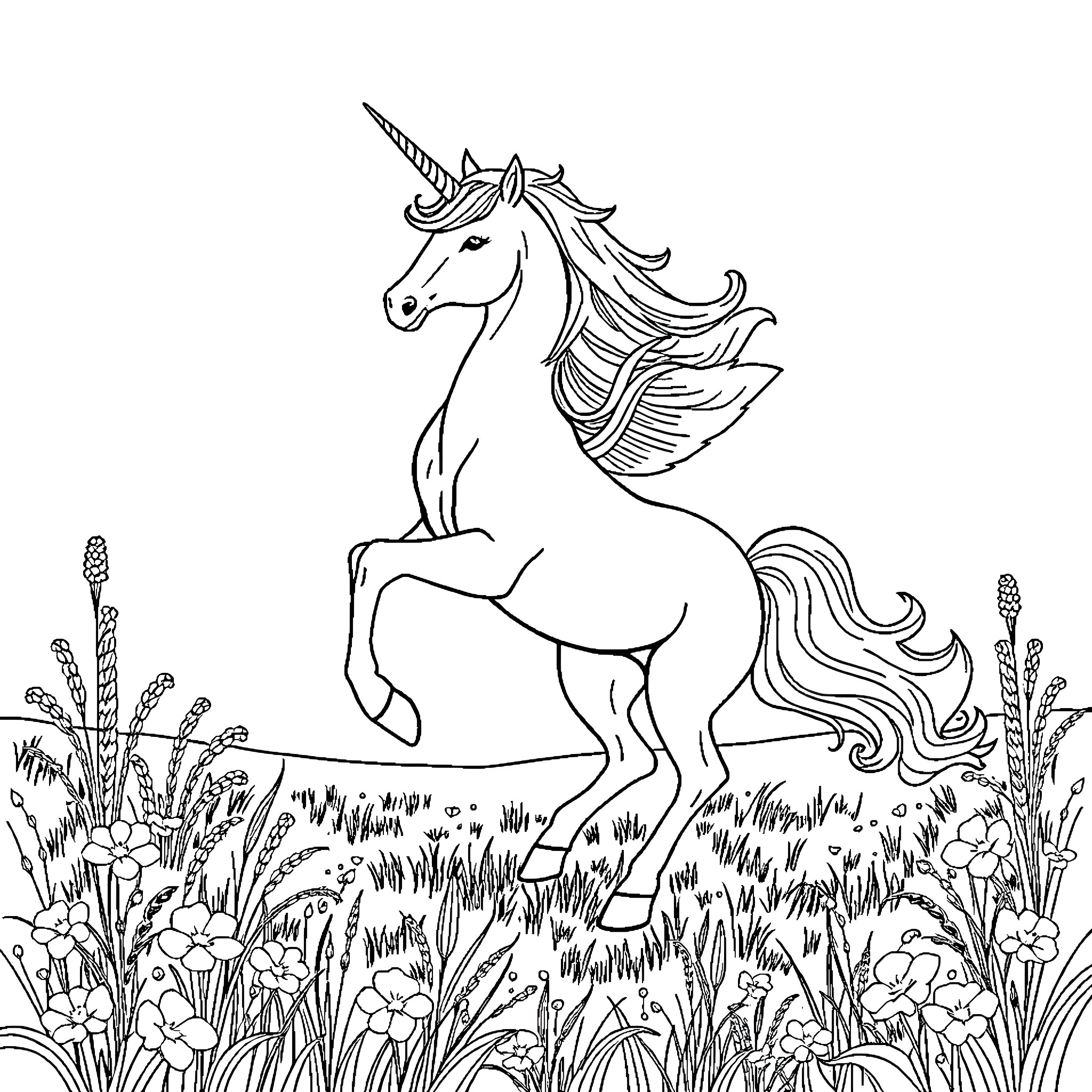 Unicorn standing proudly in a flowery meadow Coloring Page (free black-and-white line drawing printable PDF for all, from beginners to advanced learners, including children, teens, adults, and seniors)