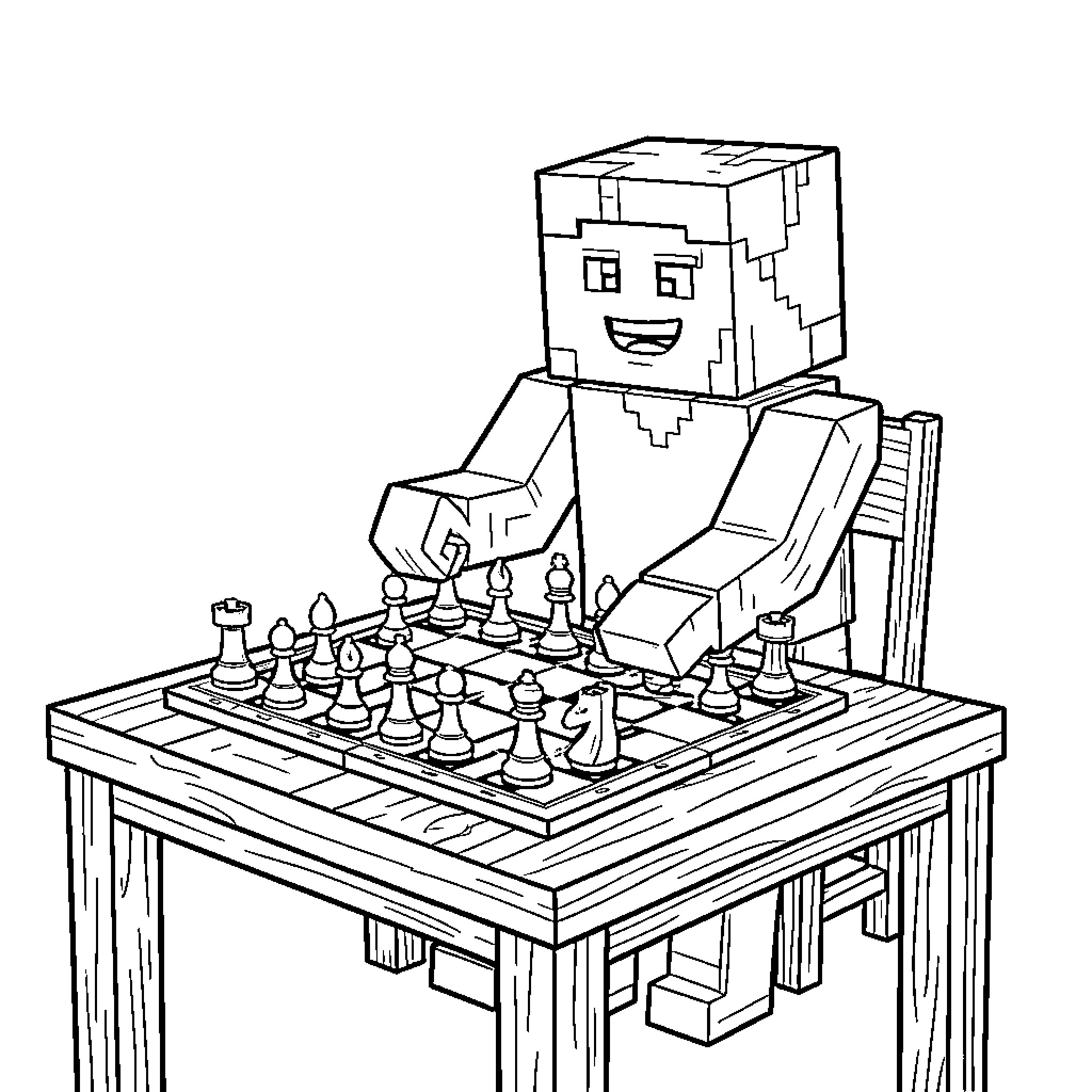 Steve playing chess on a wooden table Coloring Page (free black-and-white line drawing printable PDF for all, from beginners to advanced learners, including children, teens, adults, and seniors)