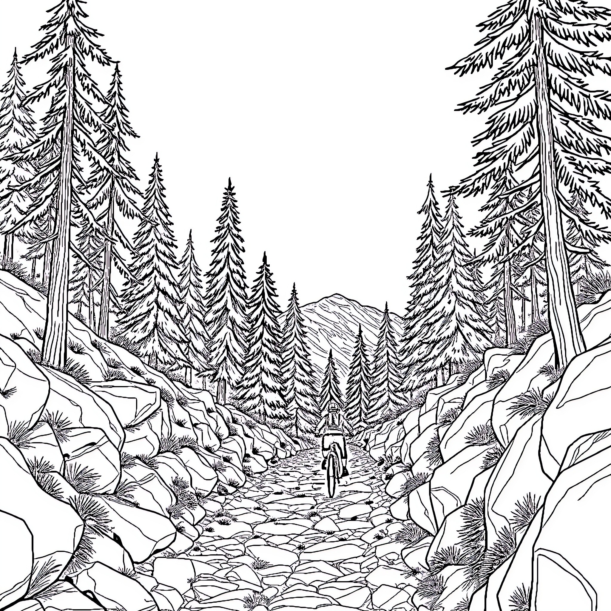 Bike riding through scenic forest landscape Coloring Page (free black-and-white line drawing printable PDF for all, from beginners to advanced learners, including children, teens, adults, and seniors)