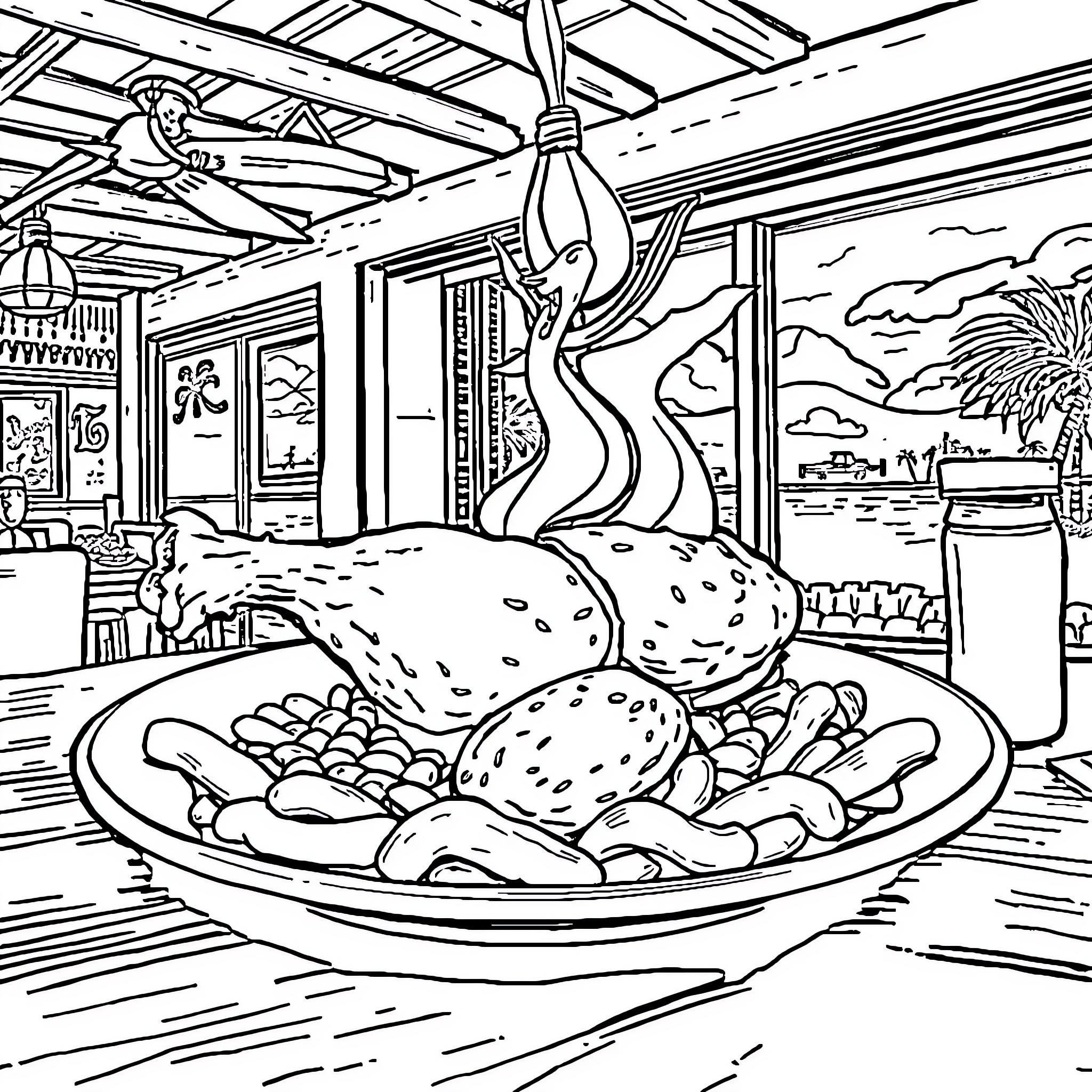 Chicken Dish Served in Tropical Setting Coloring Page (free black-and-white line drawing printable PDF for all, from beginners to advanced learners, including children, teens, adults, and seniors)