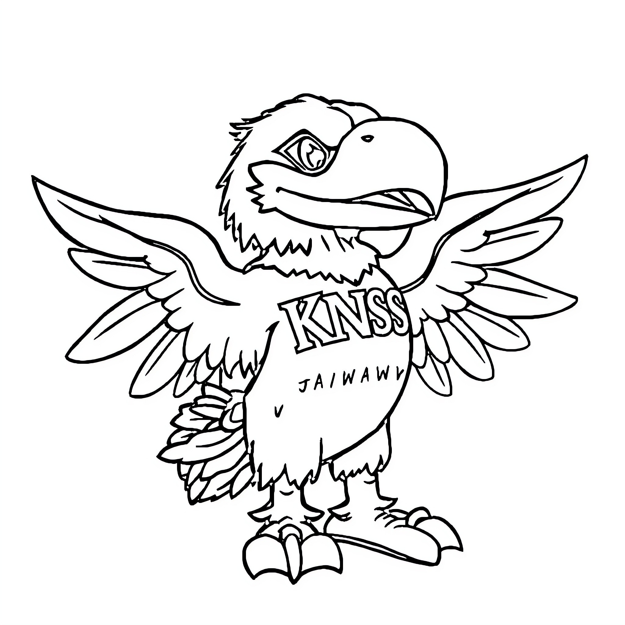 Jayhawk mascot in animated pose Coloring Page (free black-and-white line drawing printable PDF for all, from beginners to advanced learners, including children, teens, adults, and seniors)