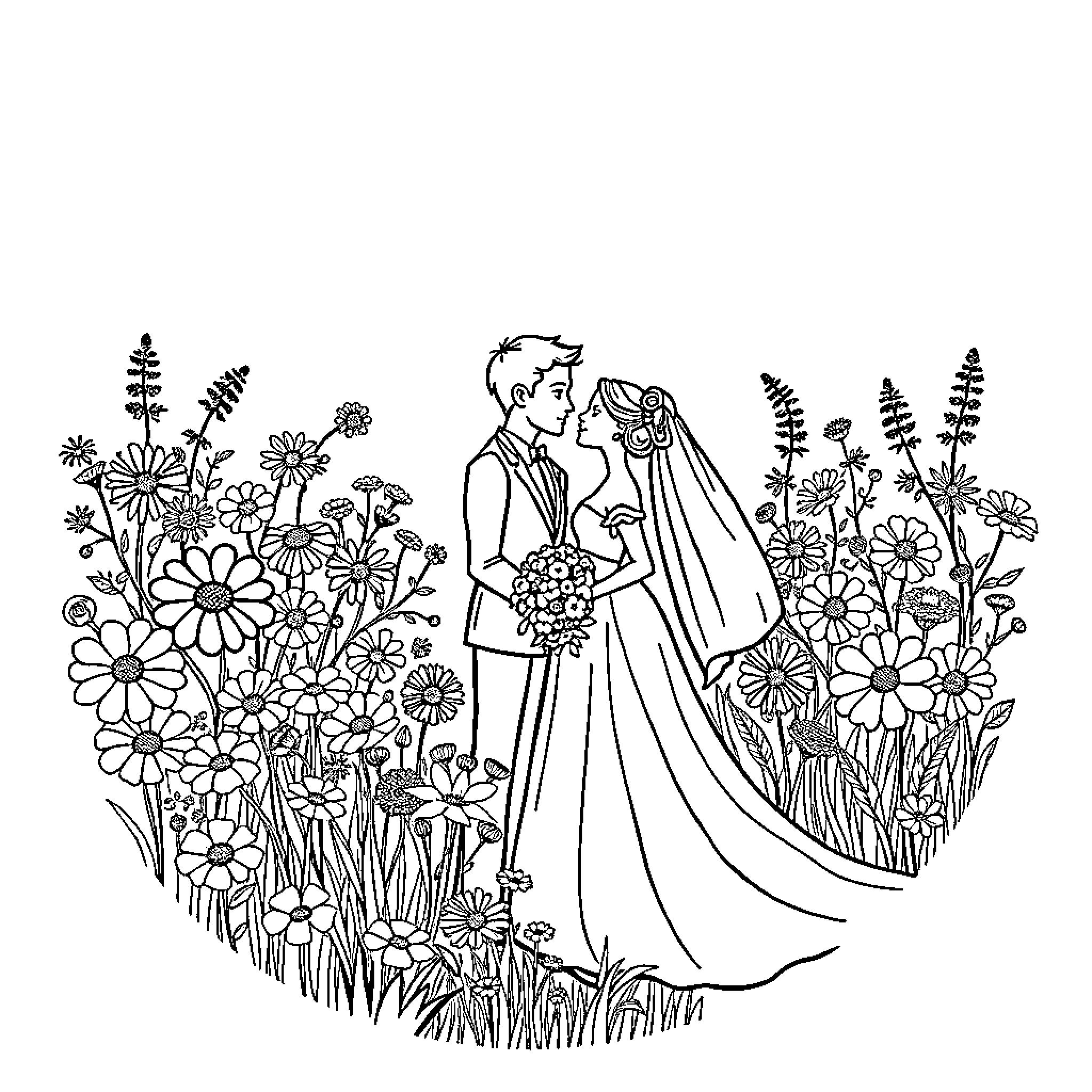 Wildflower wedding scene with loving couple Coloring Page (free black-and-white line drawing printable PDF for all, from beginners to advanced learners, including children, teens, adults, and seniors)