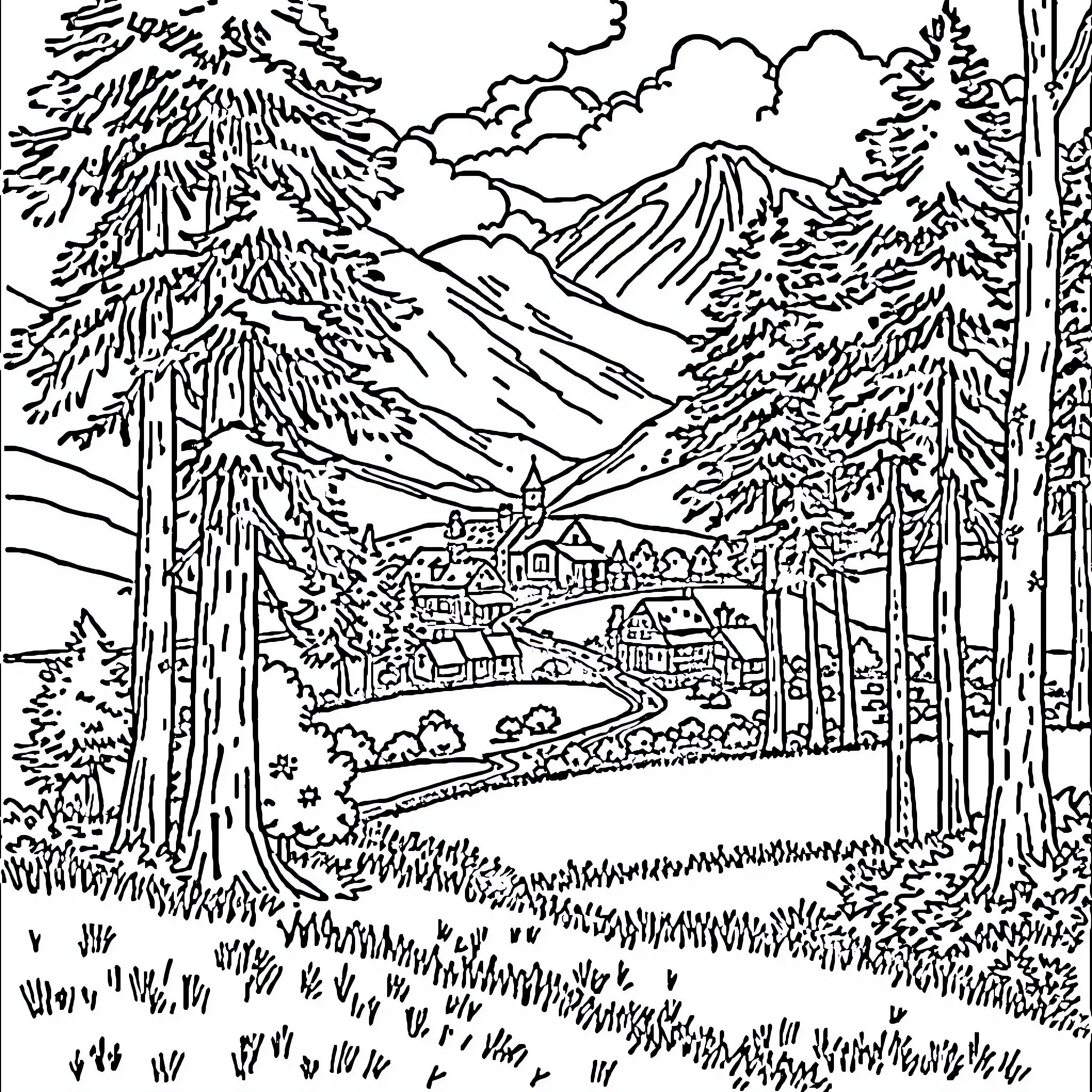 Tanyiro's Scenic Alpine Landscape Coloring Page (free black-and-white line drawing printable PDF for all, from beginners to advanced learners, including children, teens, adults, and seniors)
