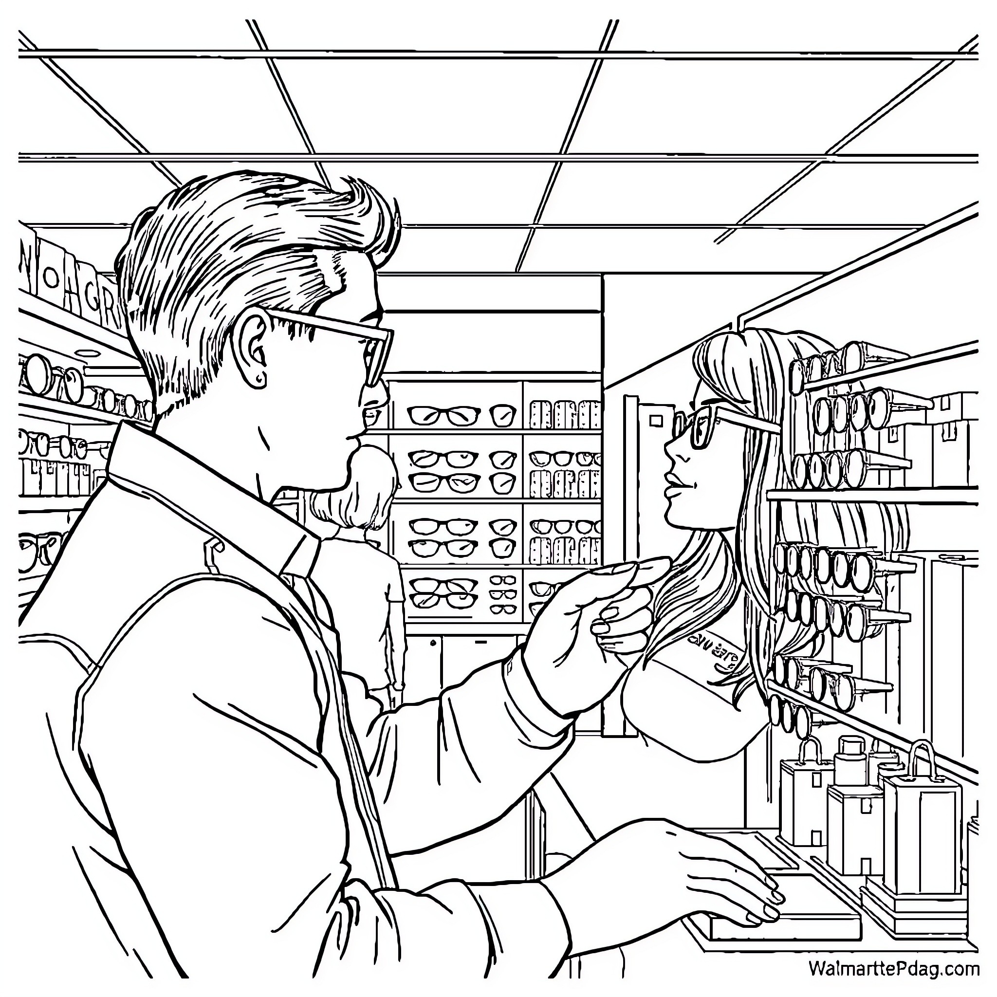 Optician providing eye examination in their shop Coloring Page (free black-and-white line drawing printable PDF for all, from beginners to advanced learners, including children, teens, adults, and seniors)