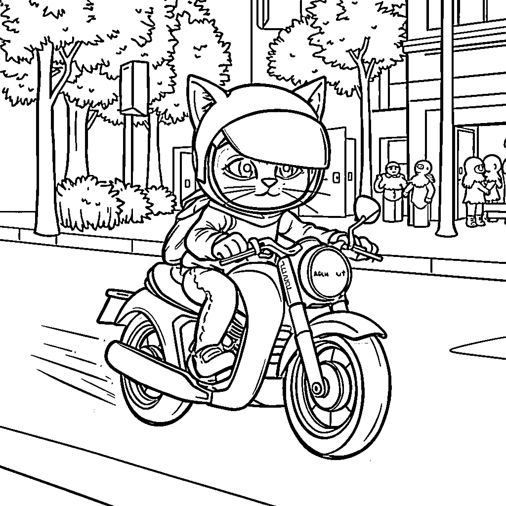 Cat Riding Motorcycle in the City Coloring Page (free black-and-white line drawing printable PDF for all, from beginners to advanced learners, including children, teens, adults, and seniors)