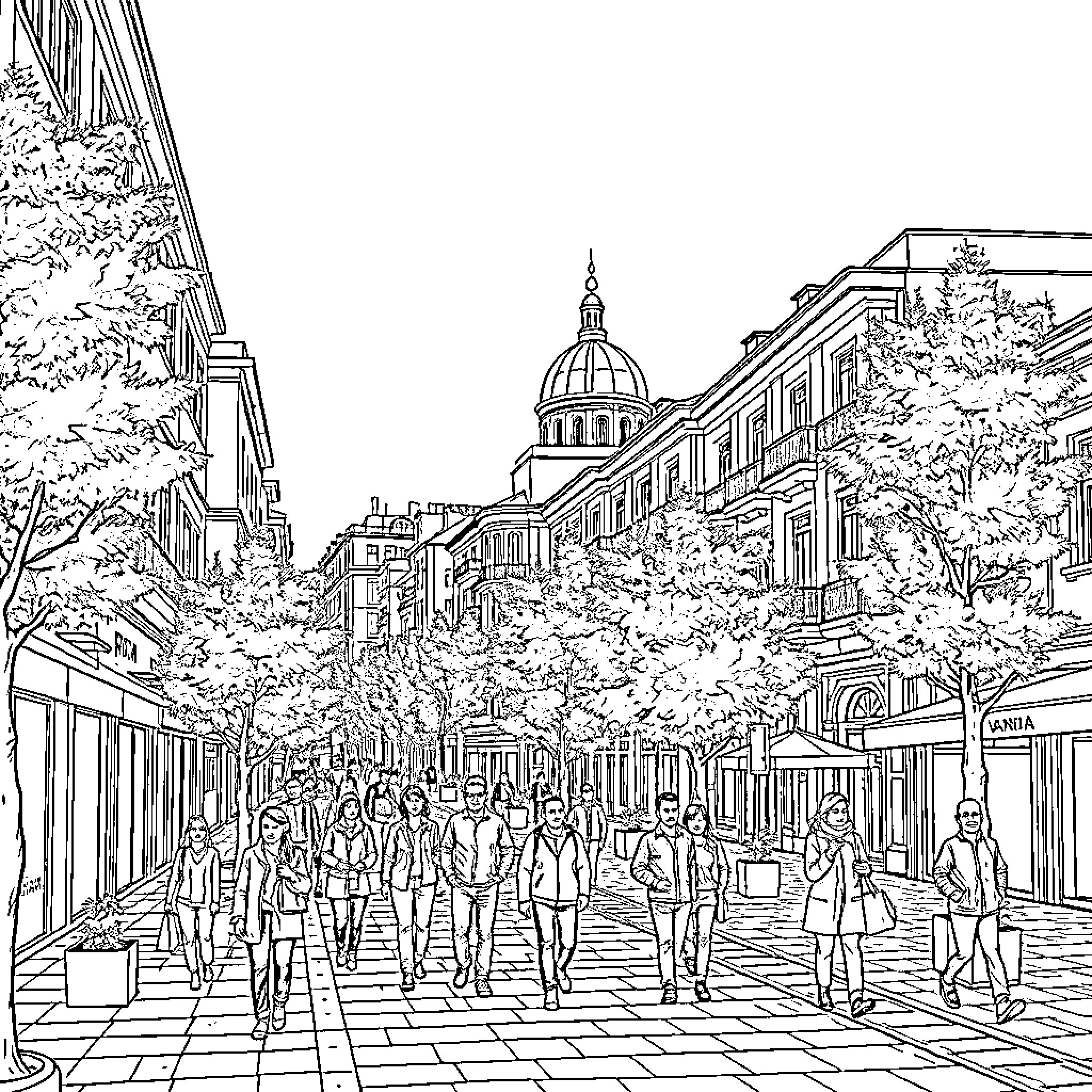 City Street with Bustling Crowd and Iconic Architecture Coloring Page (free black-and-white line drawing printable PDF for all, from beginners to advanced learners, including children, teens, adults, and seniors)