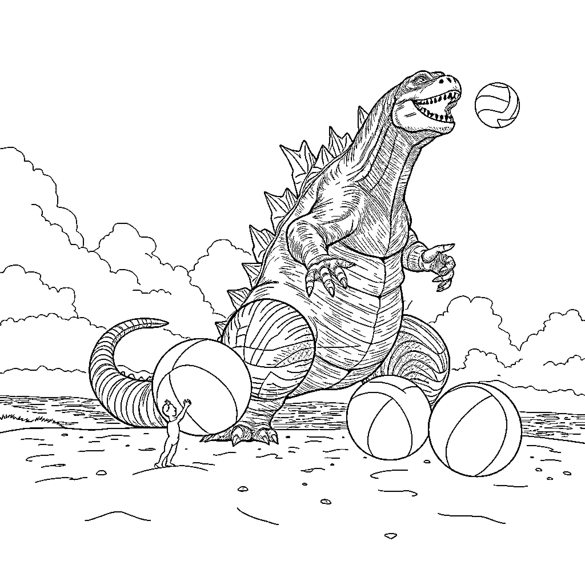 Godzilla stomping on beach with giant eggs Coloring Page (free black-and-white line drawing printable PDF for all, from beginners to advanced learners, including children, teens, adults, and seniors)
