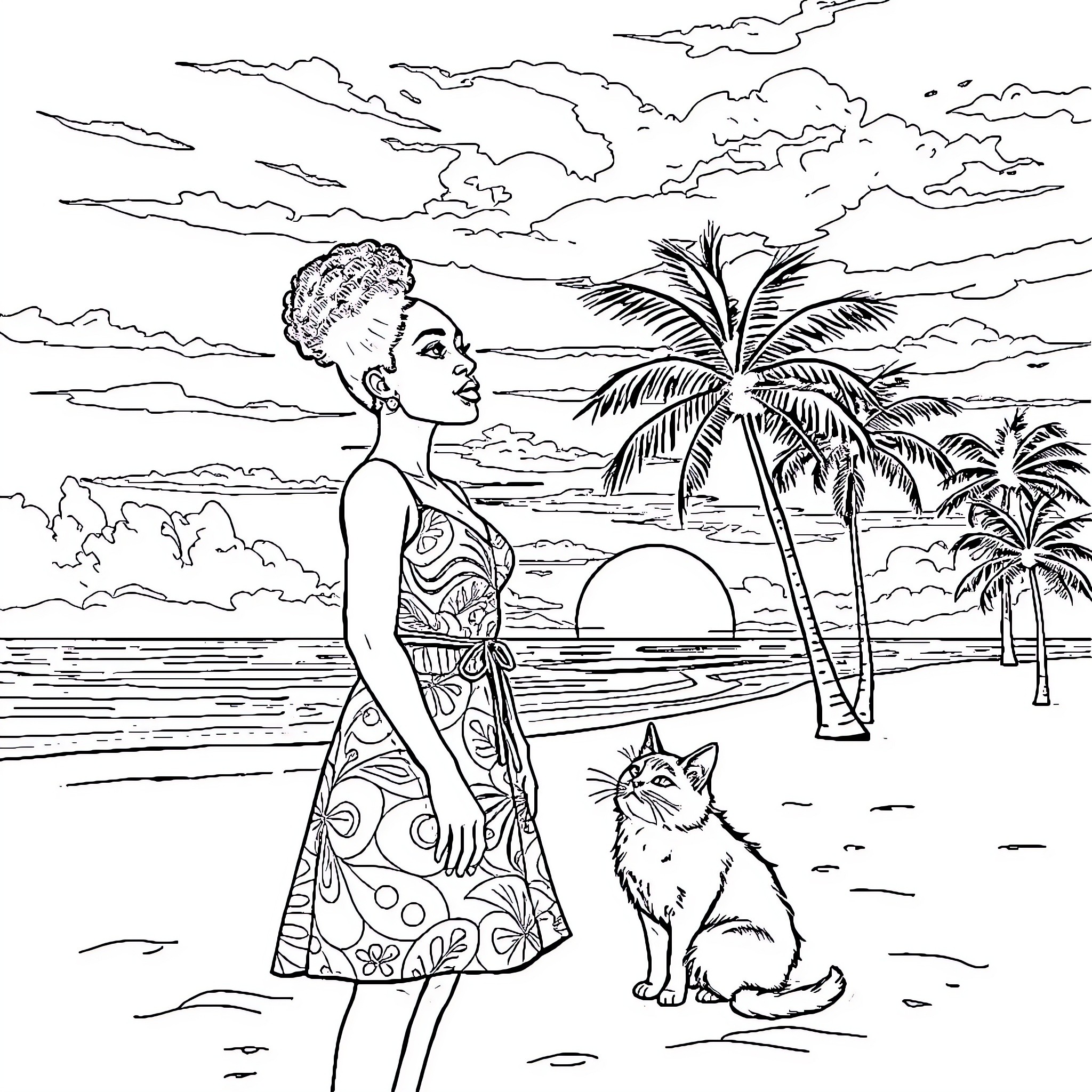 Woman on a tropical beach with palm trees Coloring Page (free black-and-white line drawing printable PDF for all, from beginners to advanced learners, including children, teens, adults, and seniors)
