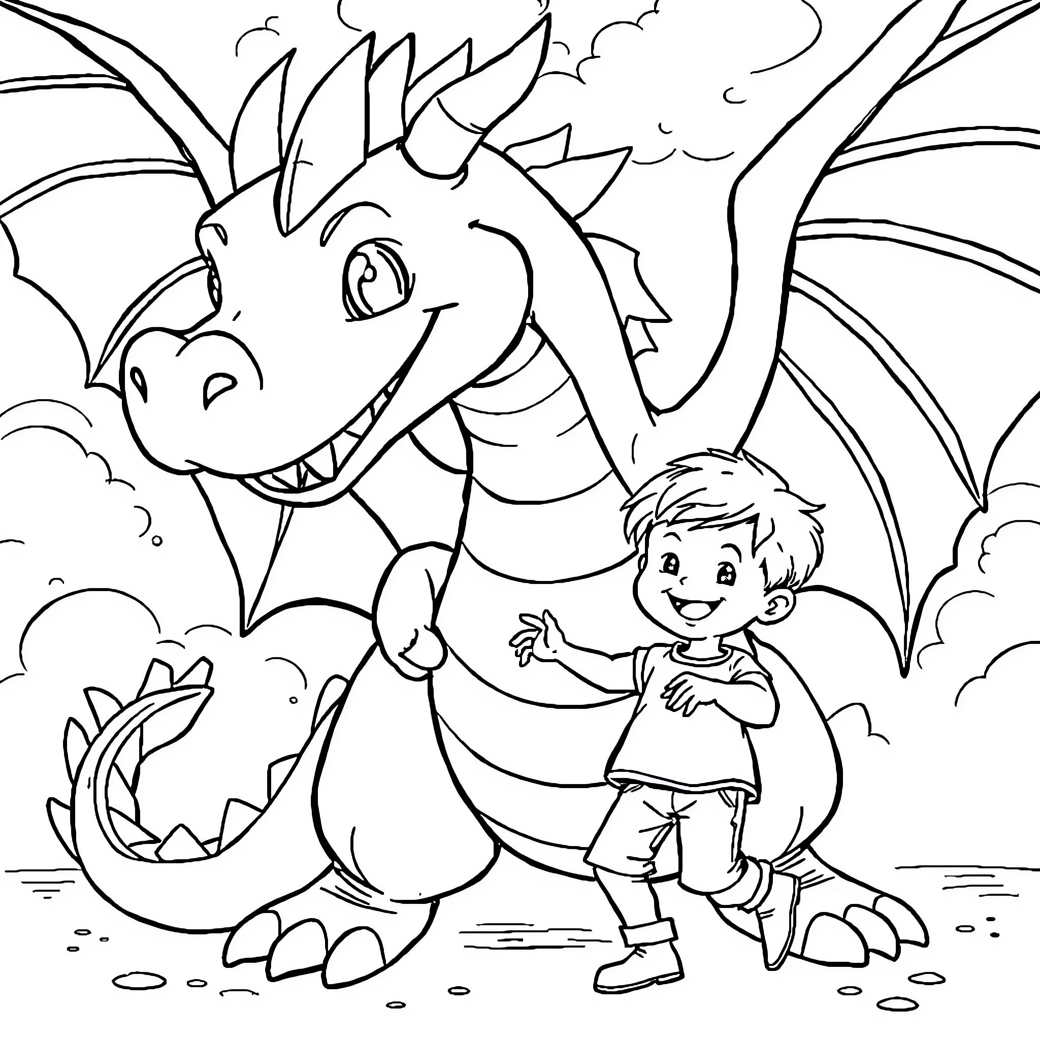 Dragon befriending a young boy in a fantasy scene Coloring Page (free black-and-white line drawing printable PDF for all, from beginners to advanced learners, including children, teens, adults, and seniors)