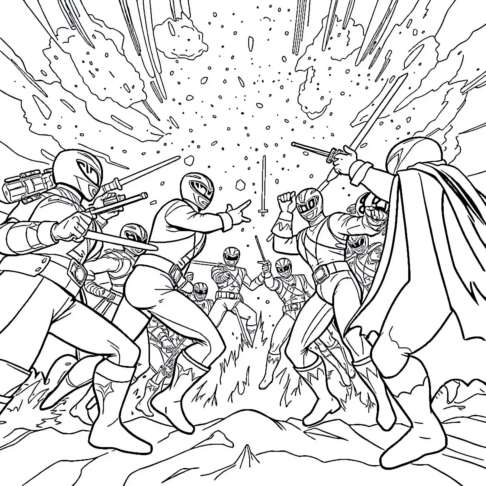 Power Rangers in Epic Battle with Villains Coloring Page (free black-and-white line drawing printable PDF for all, from beginners to advanced learners, including children, teens, adults, and seniors)
