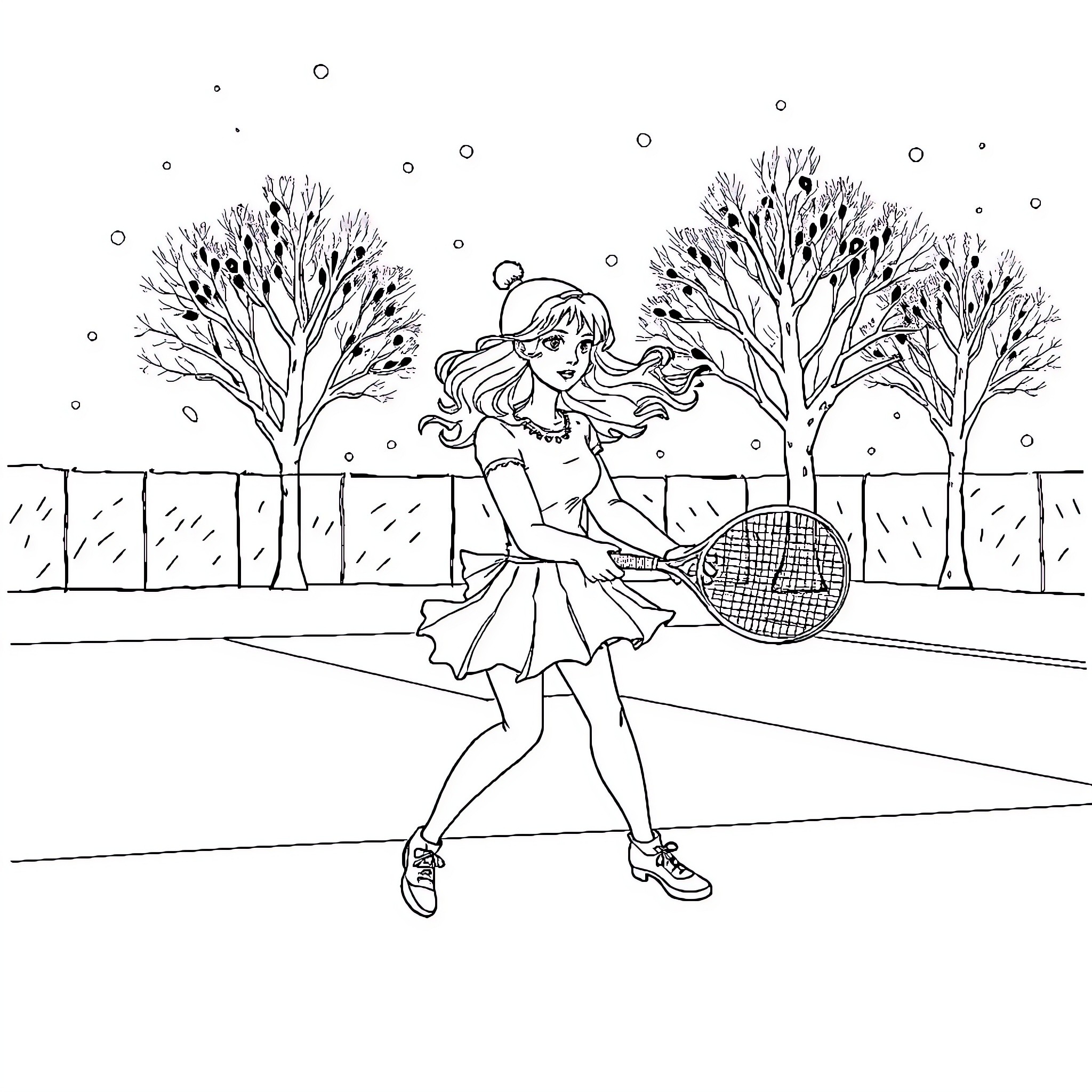 Pink Panther's Tennis Match on a Windy Day Coloring Page (free black-and-white line drawing printable PDF for all, from beginners to advanced learners, including children, teens, adults, and seniors)