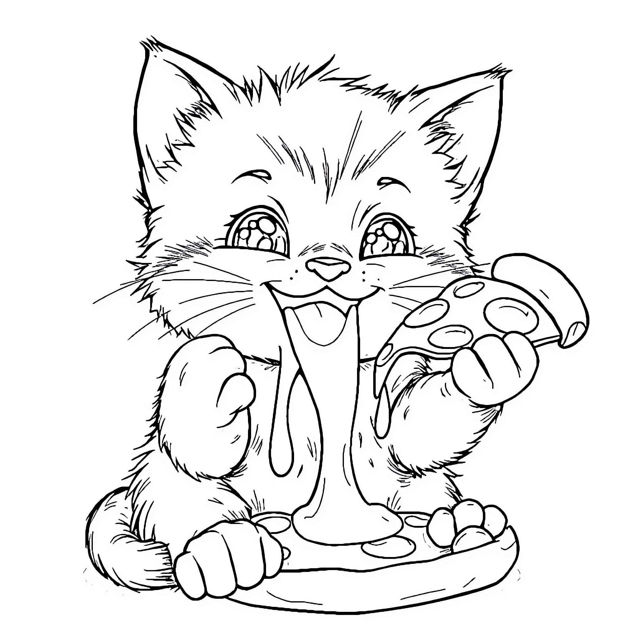 Kitten playfully clawing at a toy Coloring Page (free black-and-white line drawing printable PDF for all, from beginners to advanced learners, including children, teens, adults, and seniors)