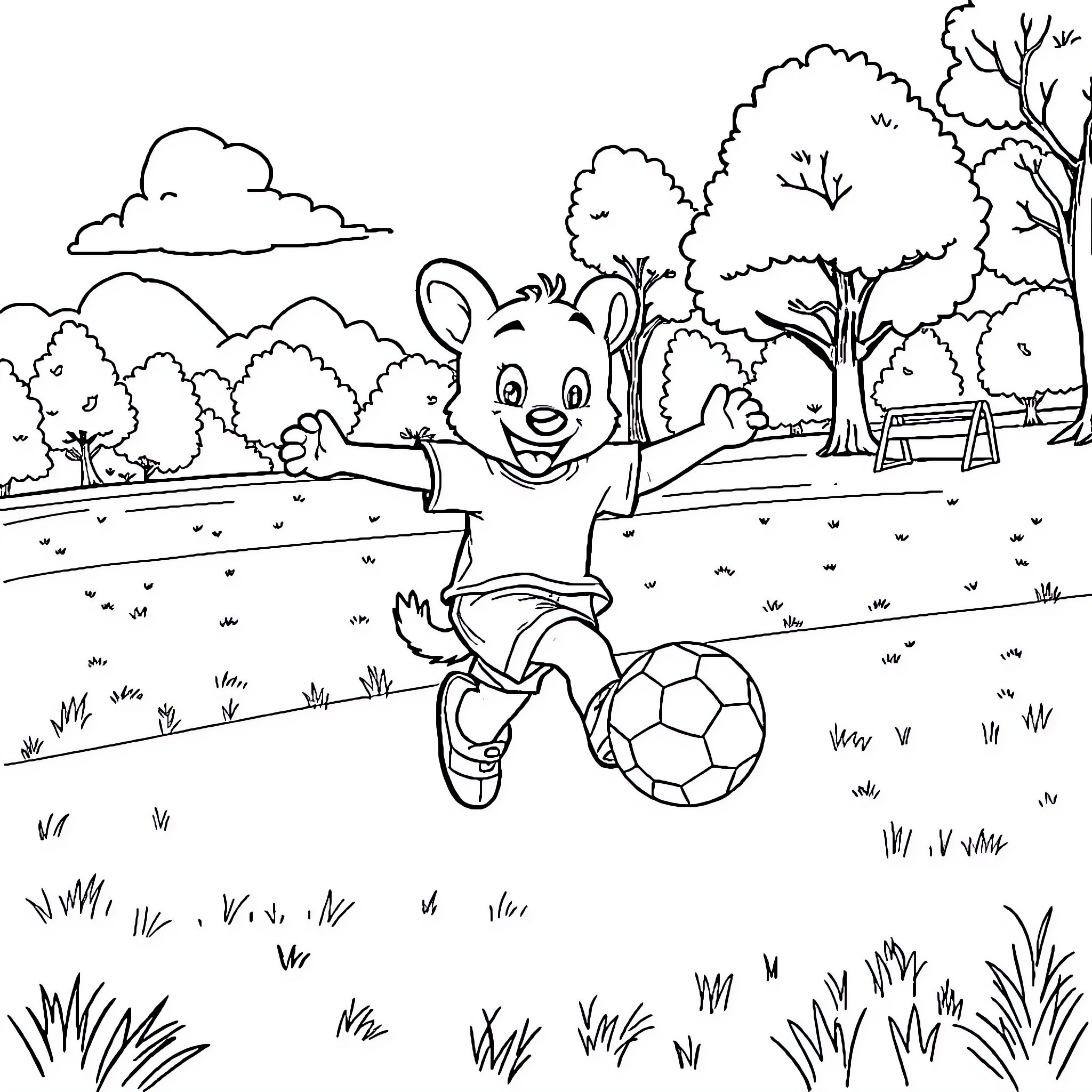 Bluey playing joyfully with soccer ball in park Coloring Page (free black-and-white line drawing printable PDF for all, from beginners to advanced learners, including children, teens, adults, and seniors)