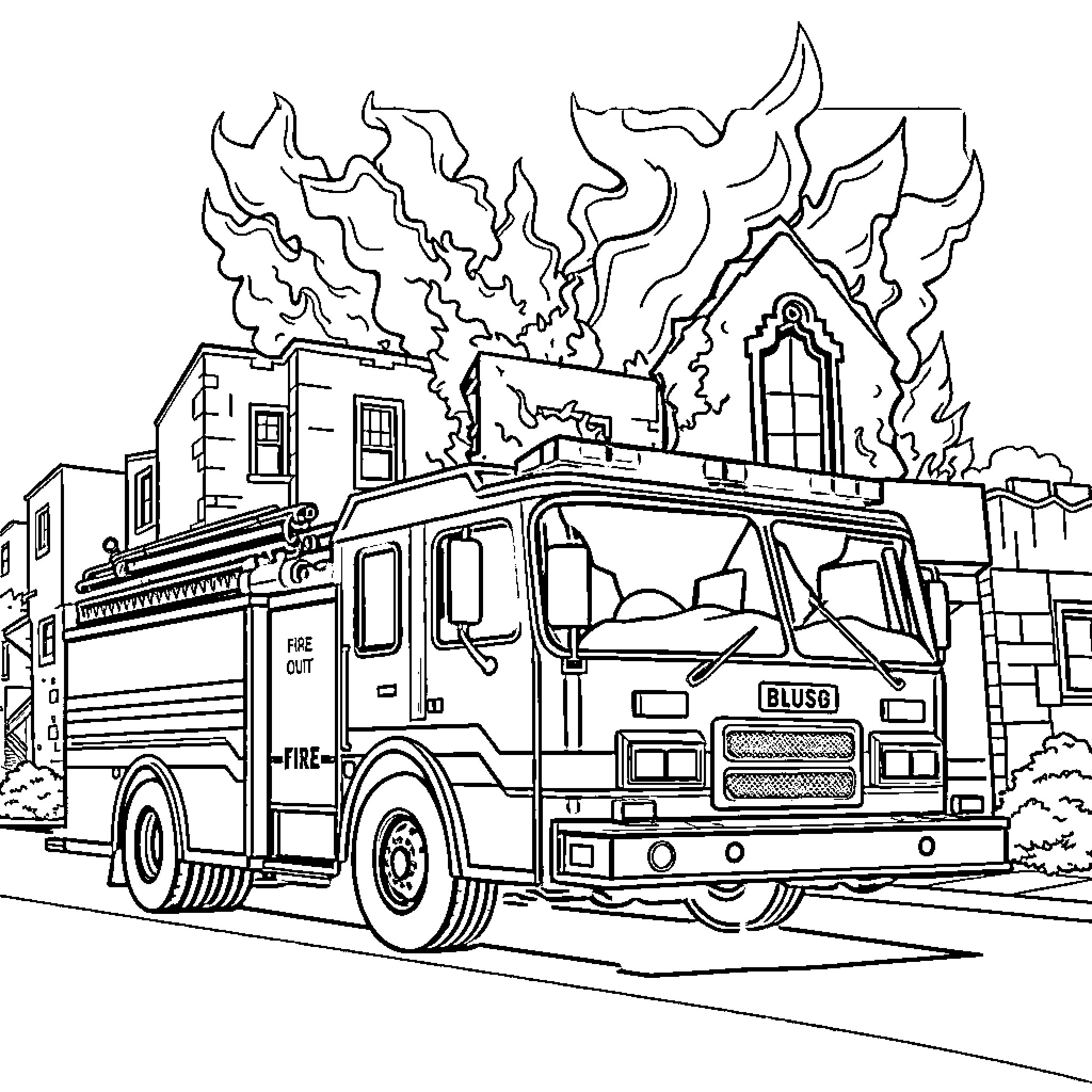 Fire Truck Responding to Emergency Situation Coloring Page (free black-and-white line drawing printable PDF for all, from beginners to advanced learners, including children, teens, adults, and seniors)