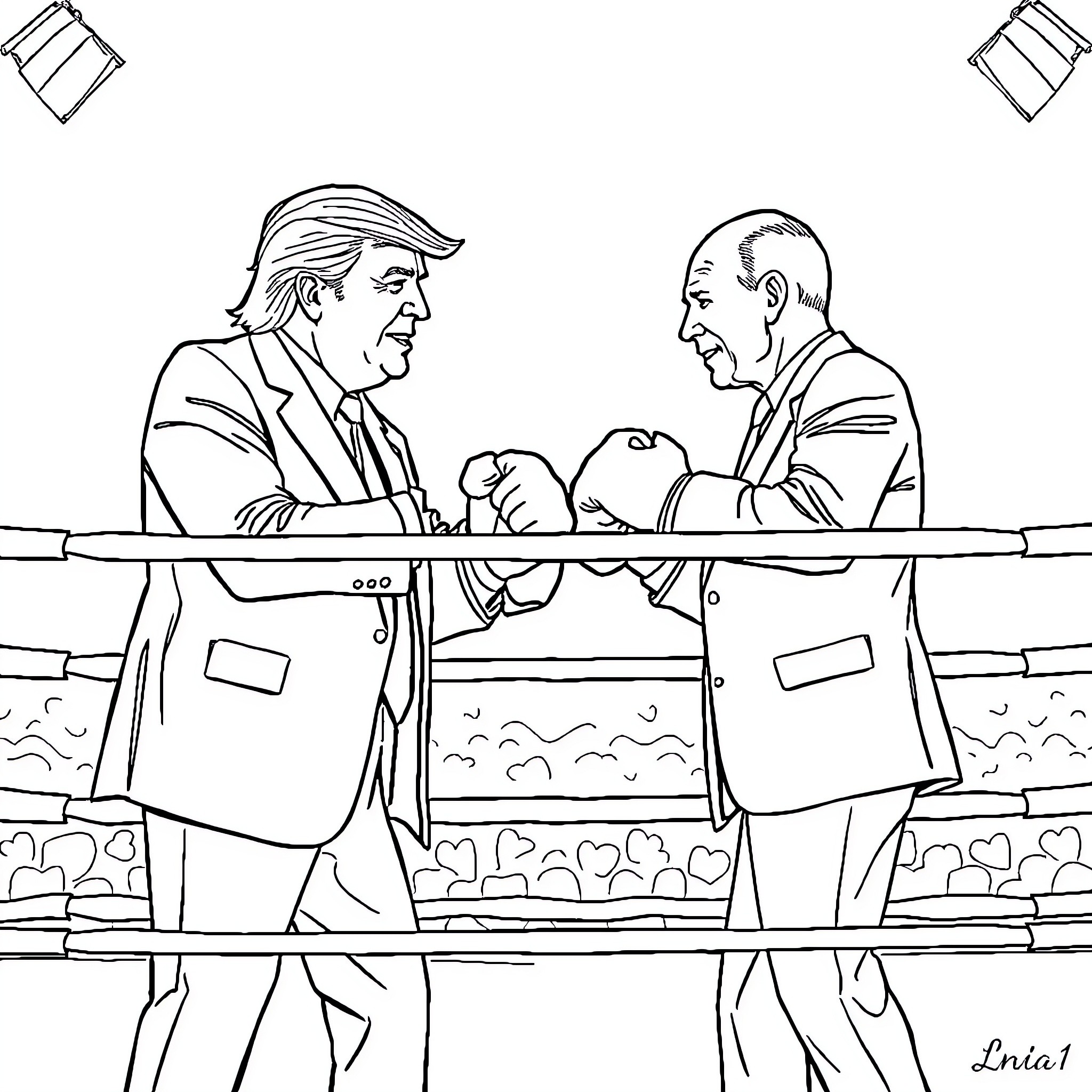Donald Trump and Vladimir Putin confronting each other in the ring Coloring Page (free black-and-white line drawing printable PDF for all, from beginners to advanced learners, including children, teens, adults, and seniors)