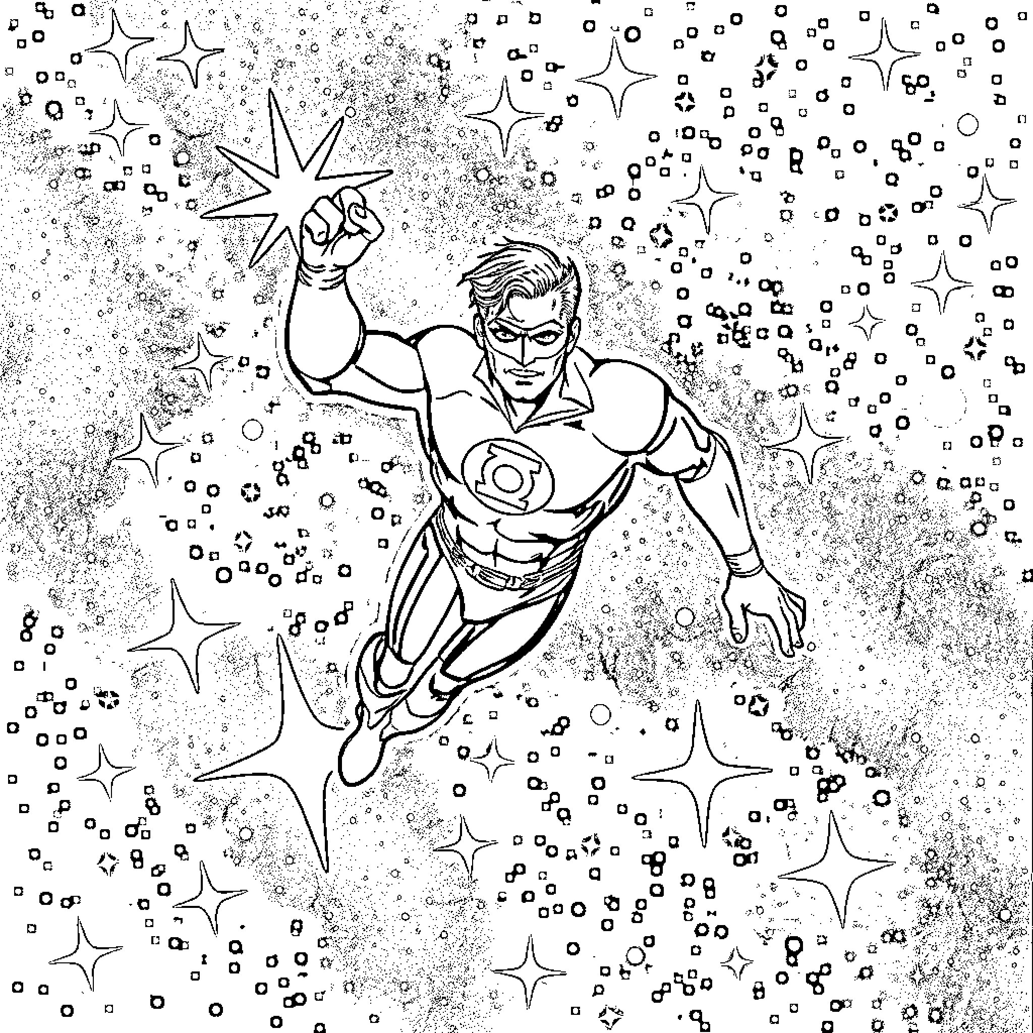 Green Lantern soars through the cosmic landscape Coloring Page (free black-and-white line drawing printable PDF for all, from beginners to advanced learners, including children, teens, adults, and seniors)
