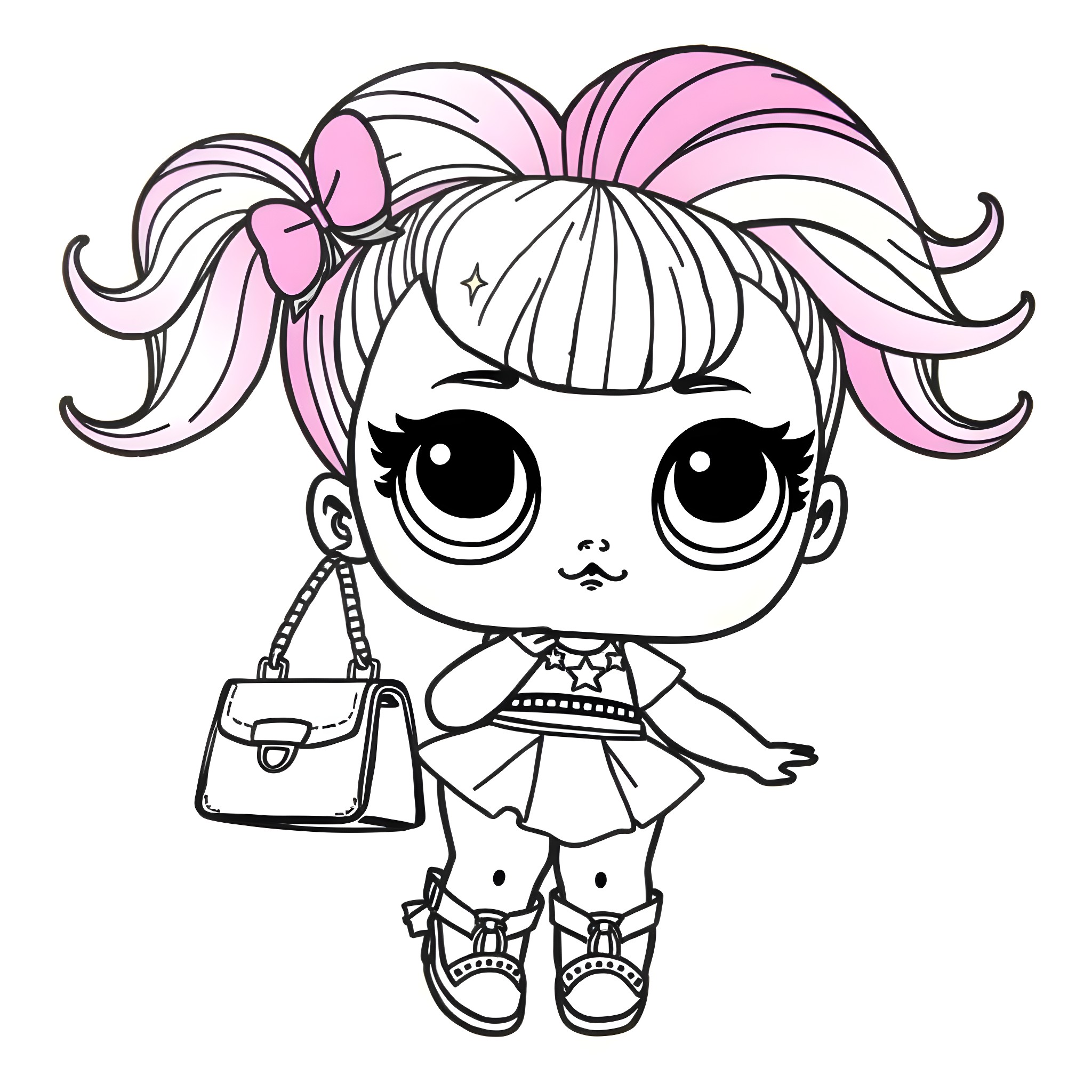 Lol Doll with Pigtails and Accessories Coloring Page (free black-and-white line drawing printable PDF for all, from beginners to advanced learners, including children, teens, adults, and seniors)