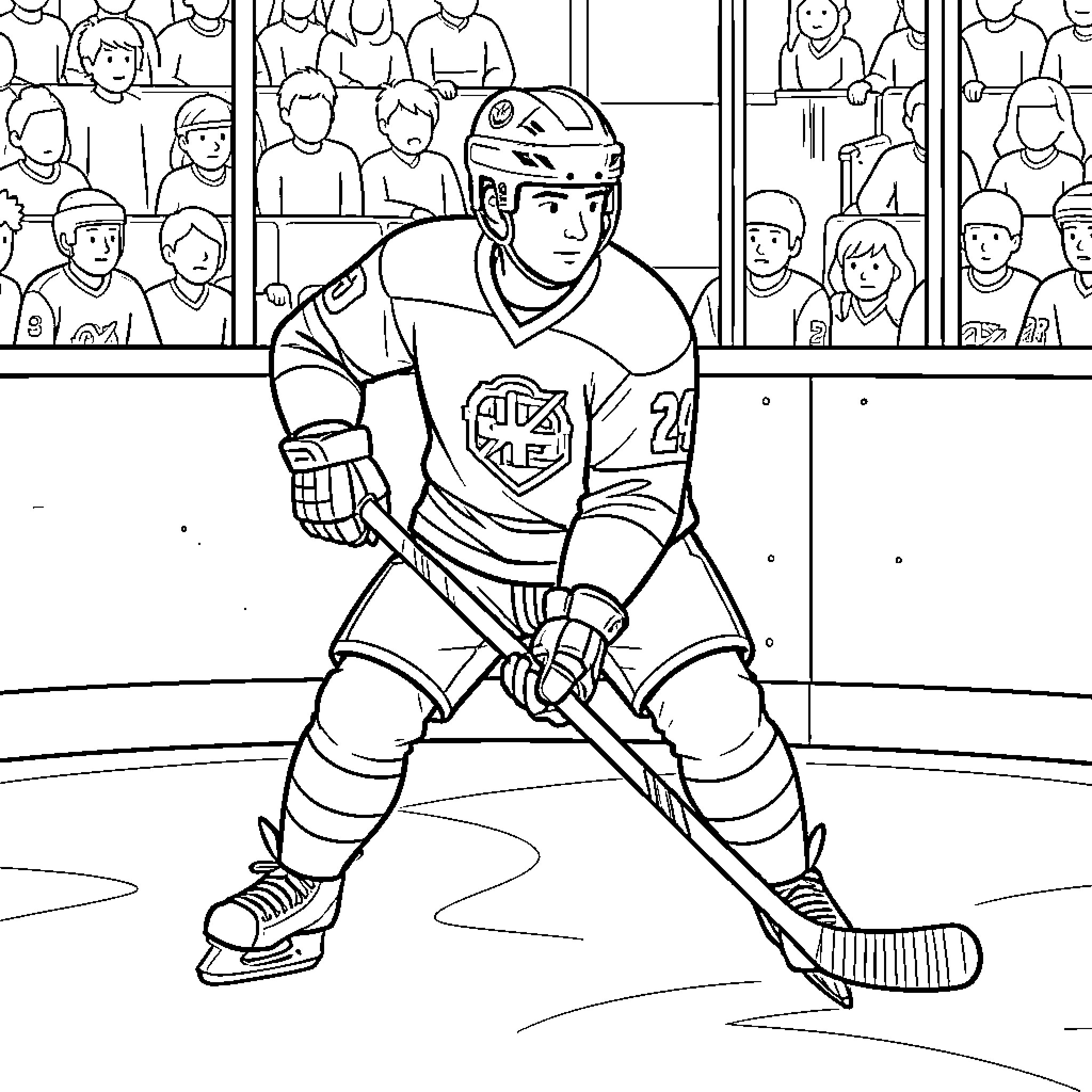 Hockey Player holding a stick on the ice rink Coloring Page (free black-and-white line drawing printable PDF for all, from beginners to advanced learners, including children, teens, adults, and seniors)