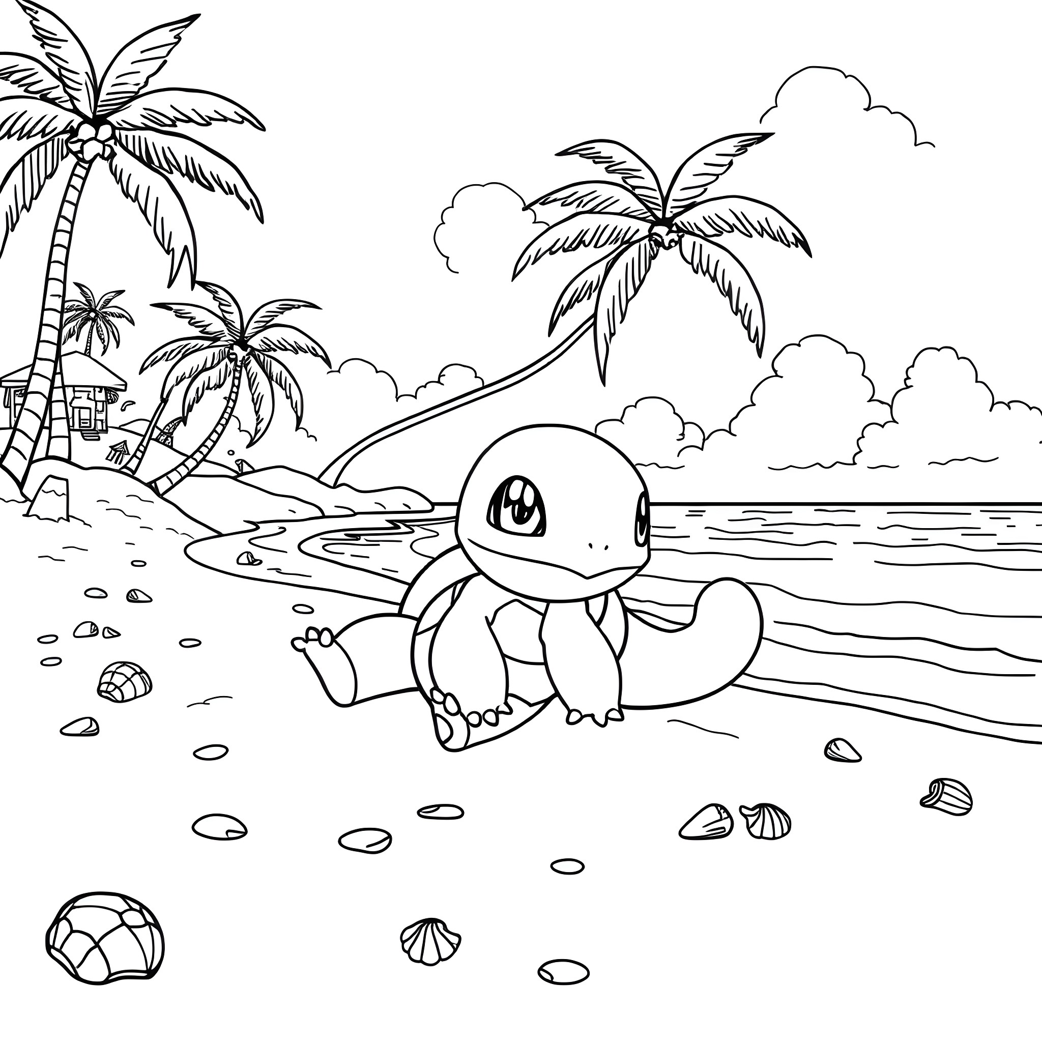 Squirtle relaxing on the beach Coloring Page (free black-and-white line drawing printable PDF for all, from beginners to advanced learners, including children, teens, adults, and seniors)