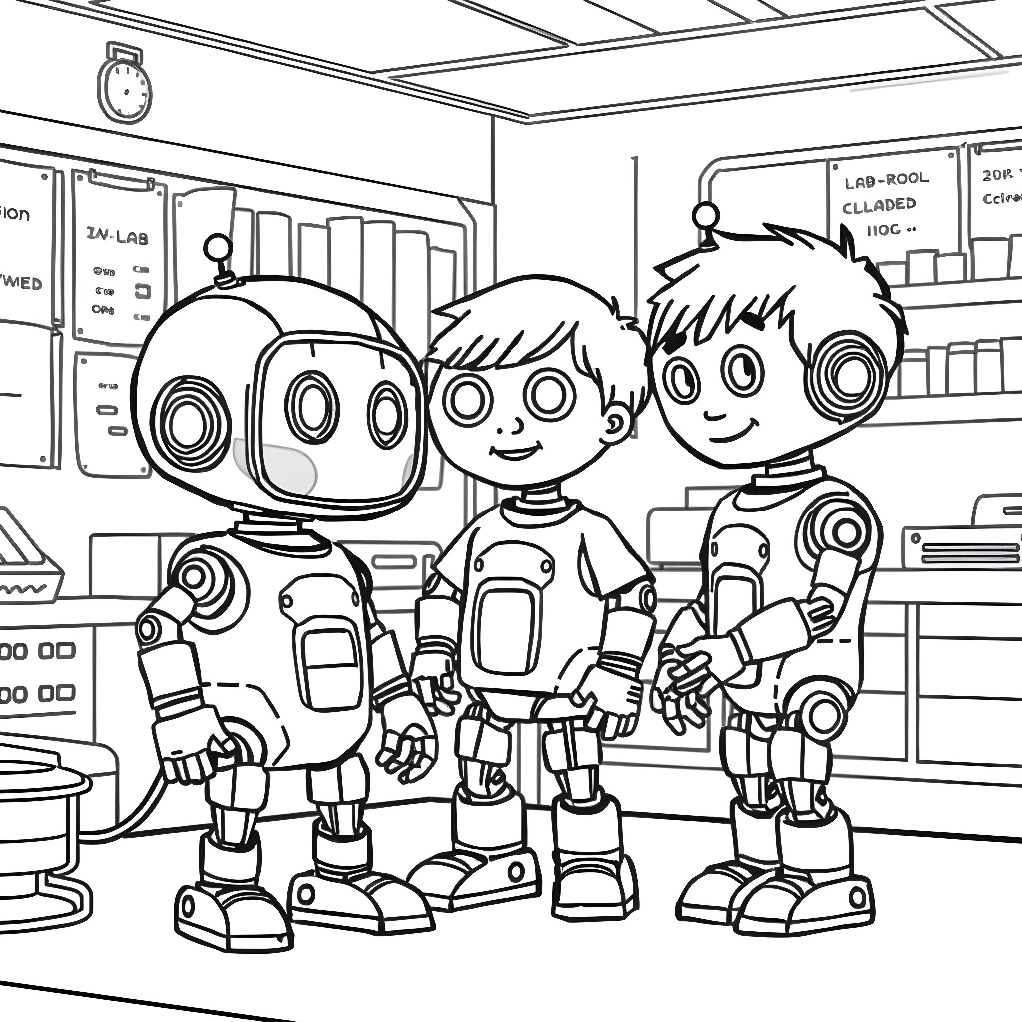Robot students exploring the science lab Coloring Page (free black-and-white line drawing printable PDF for all, from beginners to advanced learners, including children, teens, adults, and seniors)