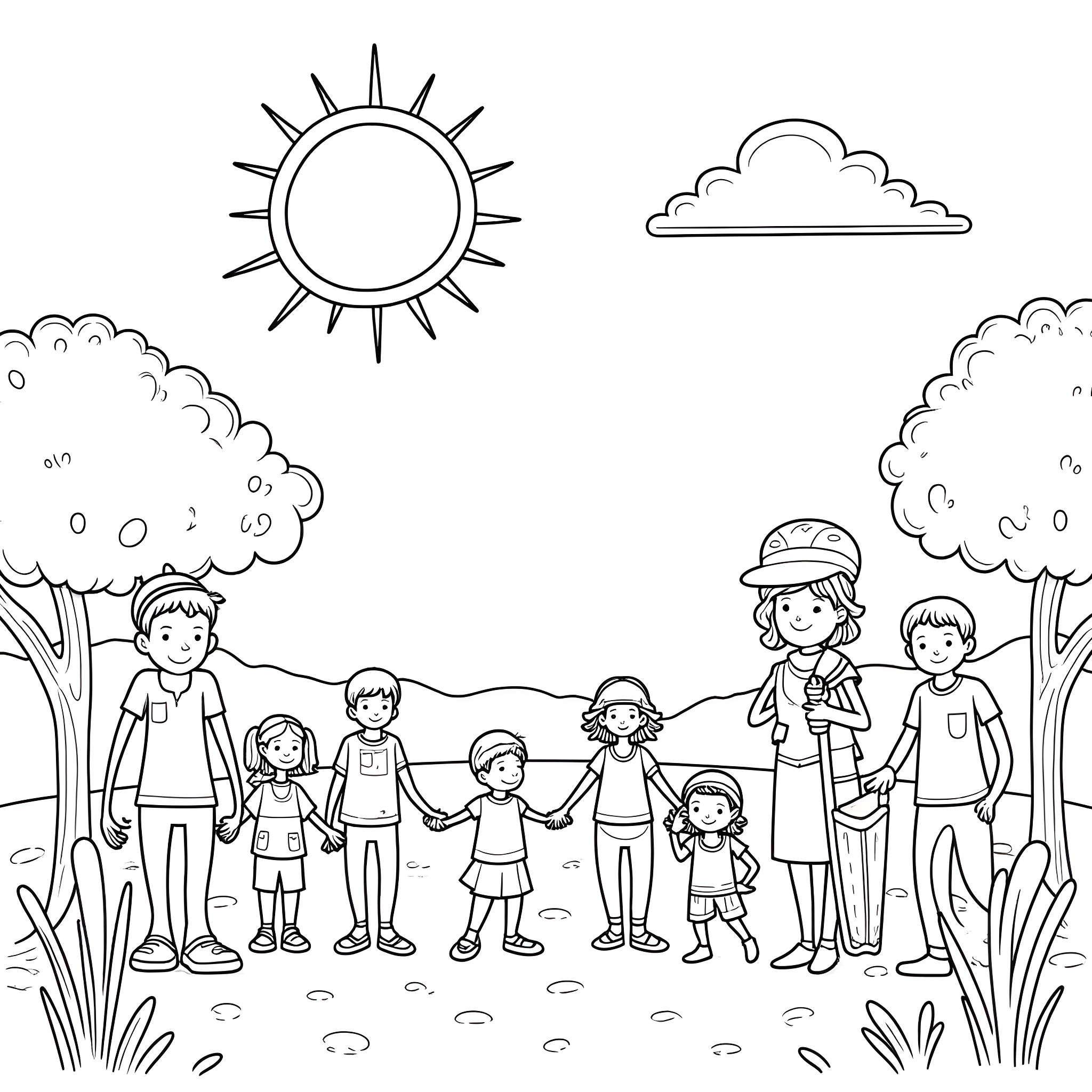 Summer family enjoying outdoor adventure Coloring Page (free black-and-white line drawing printable PDF for all, from beginners to advanced learners, including children, teens, adults, and seniors)