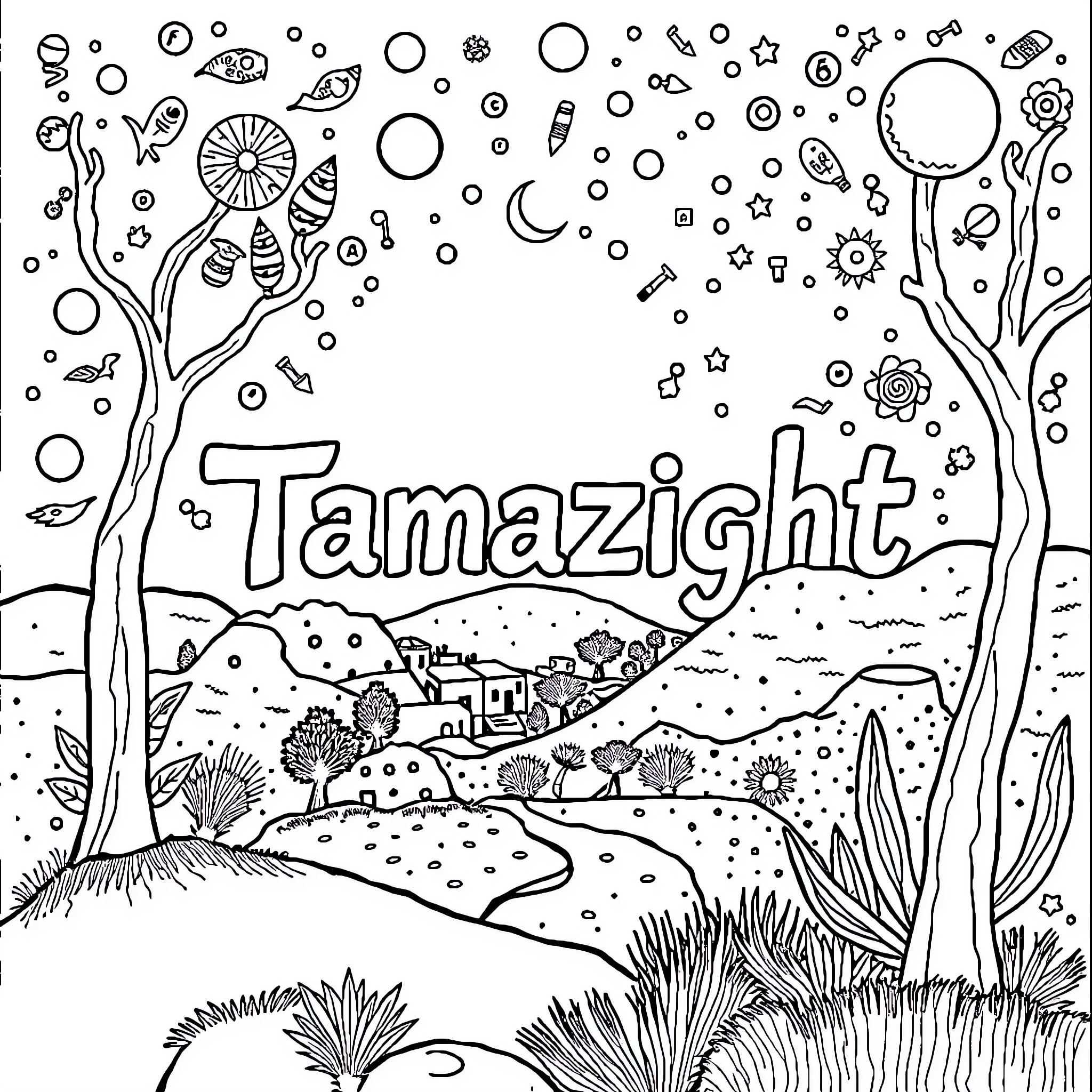 Tamazight - Serene Landscape Illustration Coloring Page (free black-and-white line drawing printable PDF for all, from beginners to advanced learners, including children, teens, adults, and seniors)