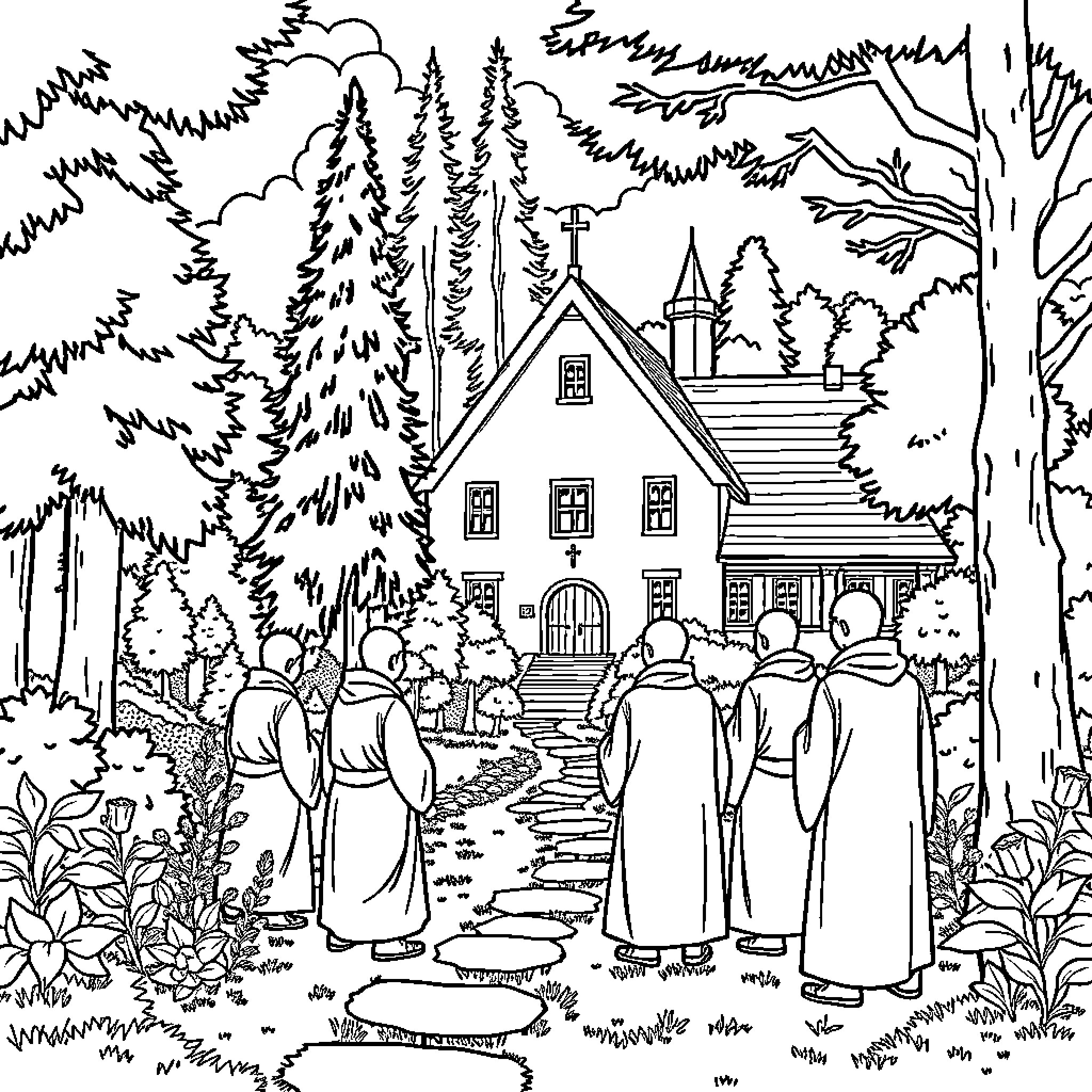 OCD Karmeliten - Religious group walking in forest Coloring Page (free black-and-white line drawing printable PDF for all, from beginners to advanced learners, including children, teens, adults, and seniors)