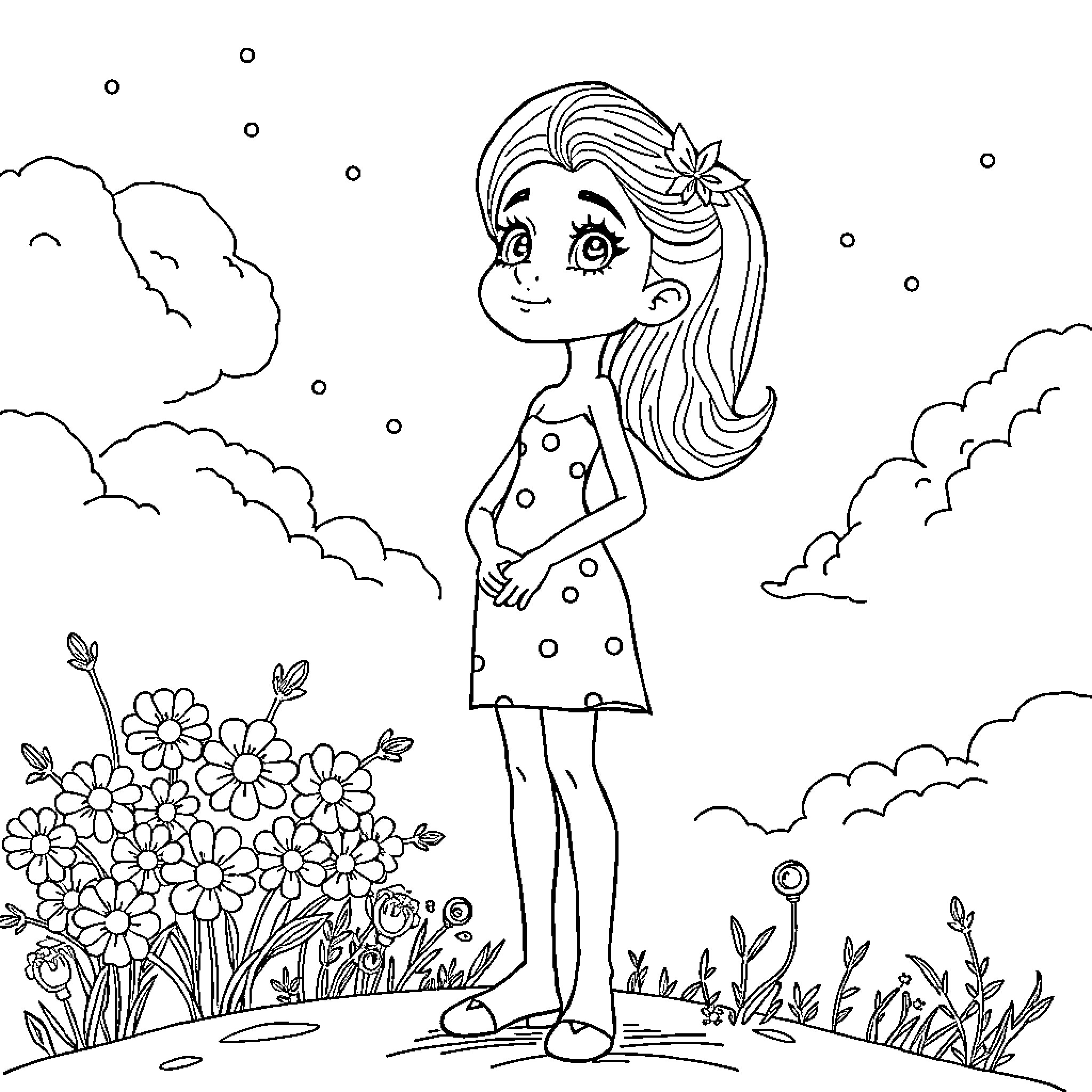 Melody enjoying the garden flowers Coloring Page (free black-and-white line drawing printable PDF for all, from beginners to advanced learners, including children, teens, adults, and seniors)