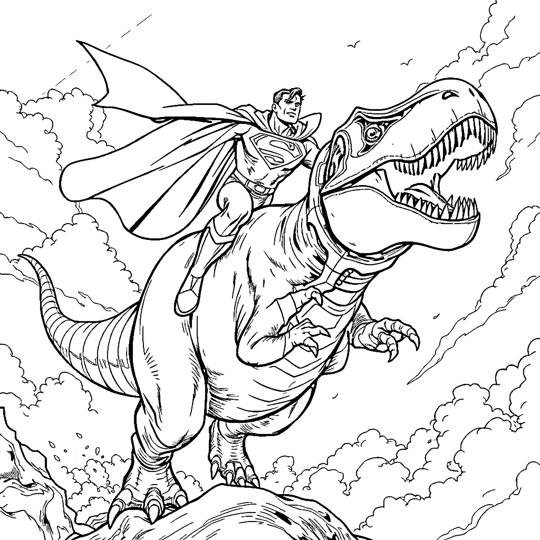 Superman rides a mighty dinosaur through the clouds Coloring Page (free black-and-white line drawing printable PDF for all, from beginners to advanced learners, including children, teens, adults, and seniors)