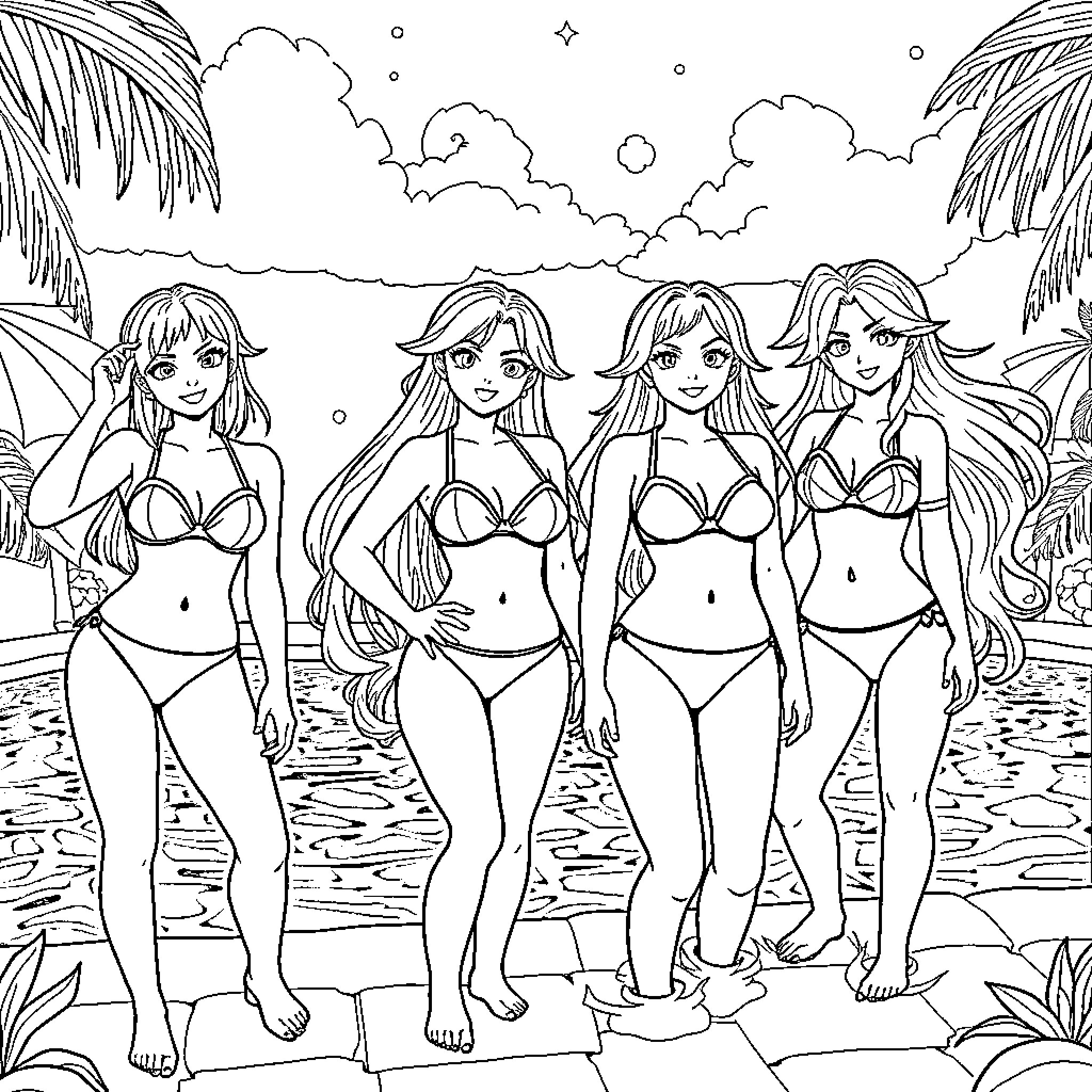 Female Characters Enjoying Beach in Swimsuits Coloring Page (free black-and-white line drawing printable PDF for all, from beginners to advanced learners, including children, teens, adults, and seniors)