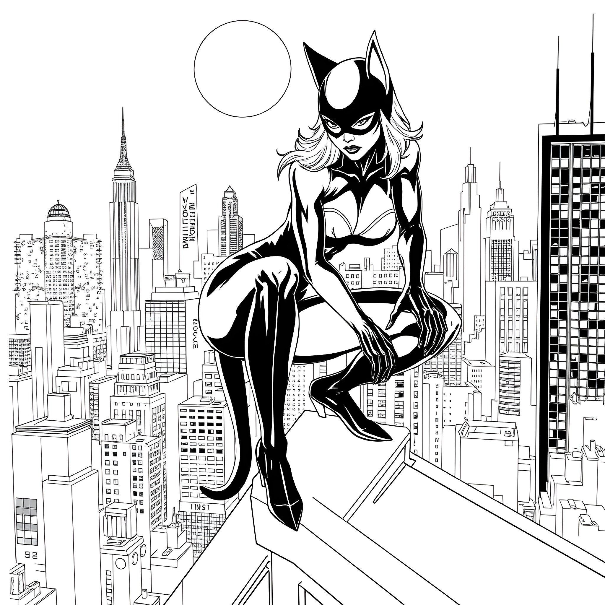 Cat Woman on Rooftops Coloring Page (free black-and-white line drawing printable PDF for all, from beginners to advanced learners, including children, teens, adults, and seniors)