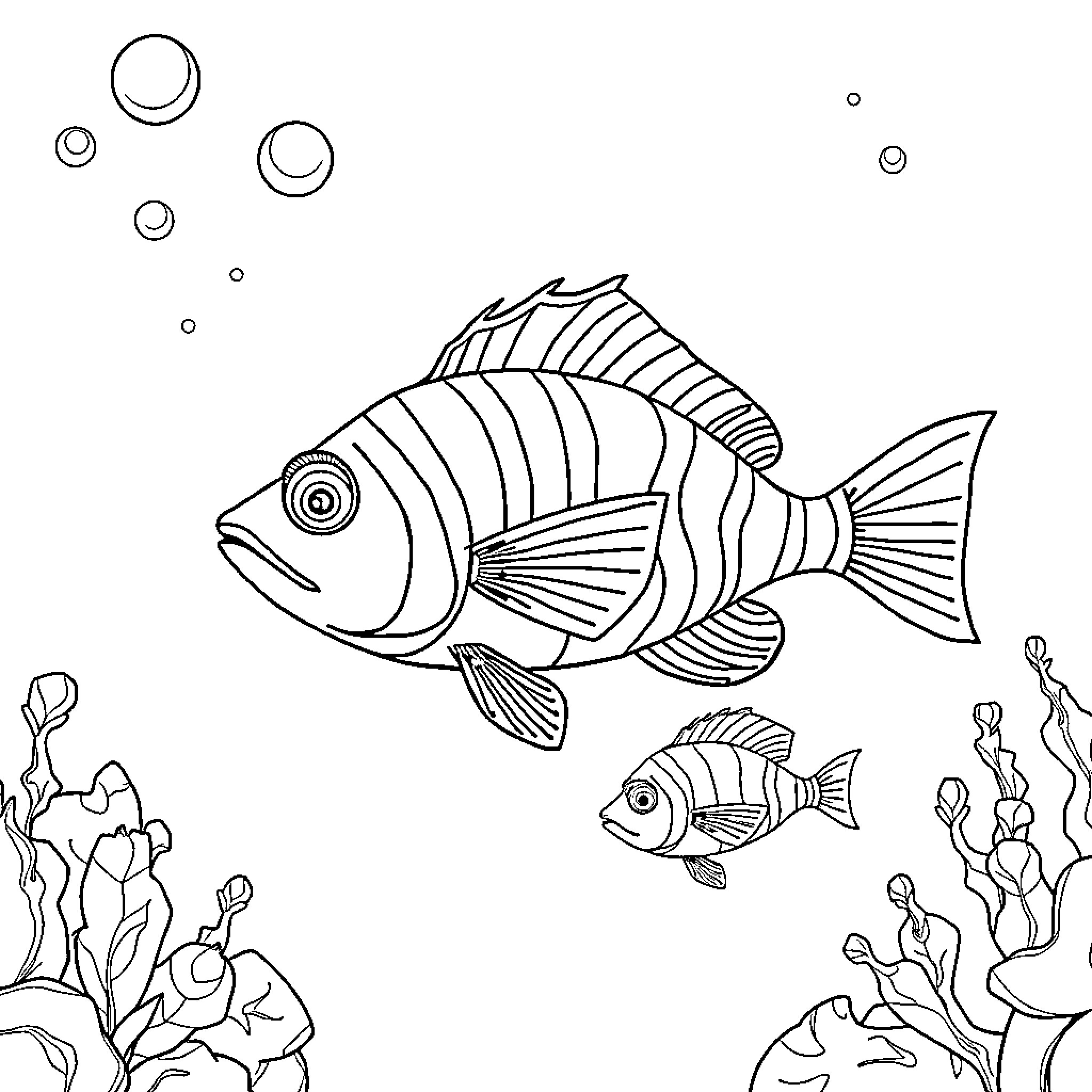 Anglerfish swimming amidst underwater seascape Coloring Page (free black-and-white line drawing printable PDF for all, from beginners to advanced learners, including children, teens, adults, and seniors)