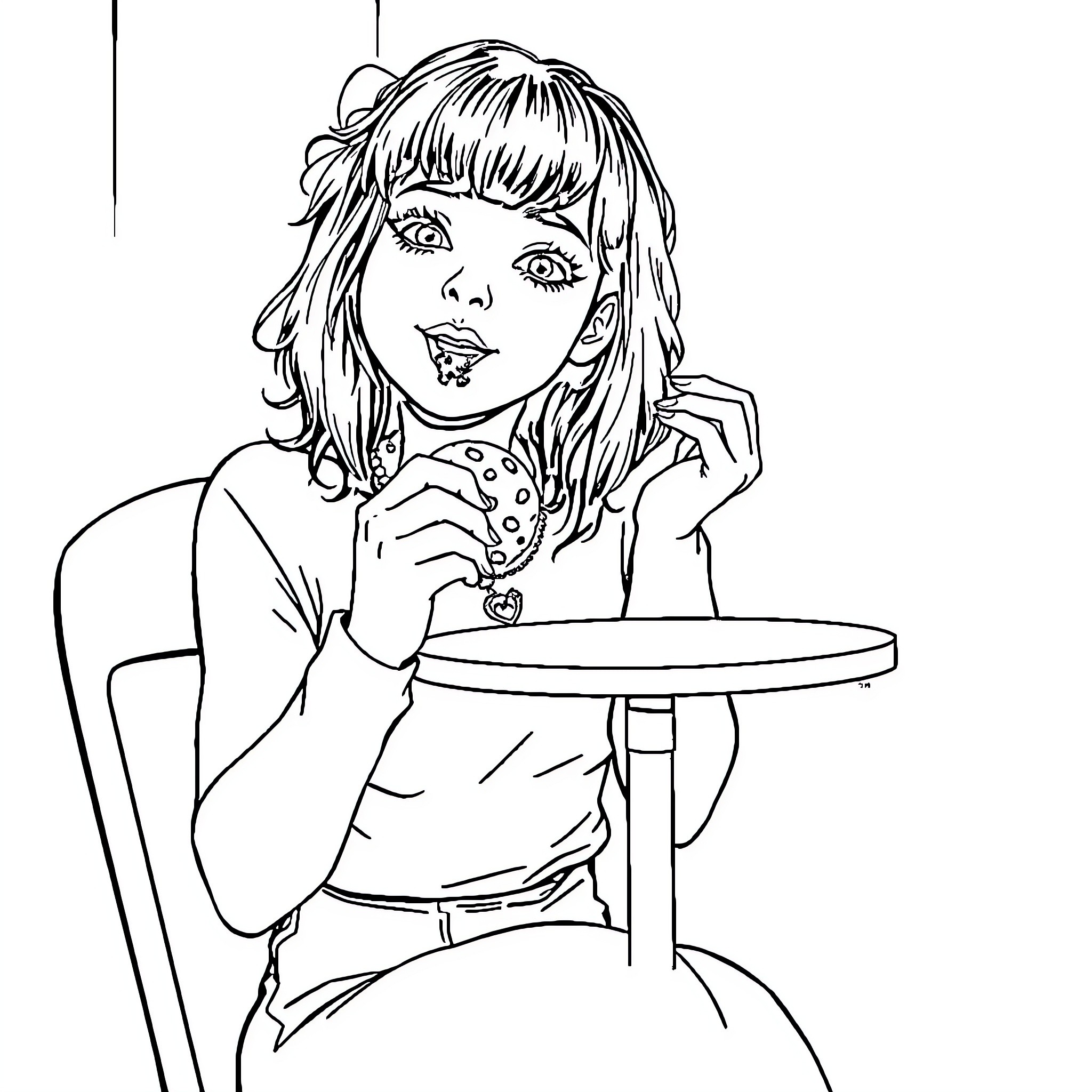 Melanie Martinez enjoying a meal at a table Coloring Page (free black-and-white line drawing printable PDF for all, from beginners to advanced learners, including children, teens, adults, and seniors)