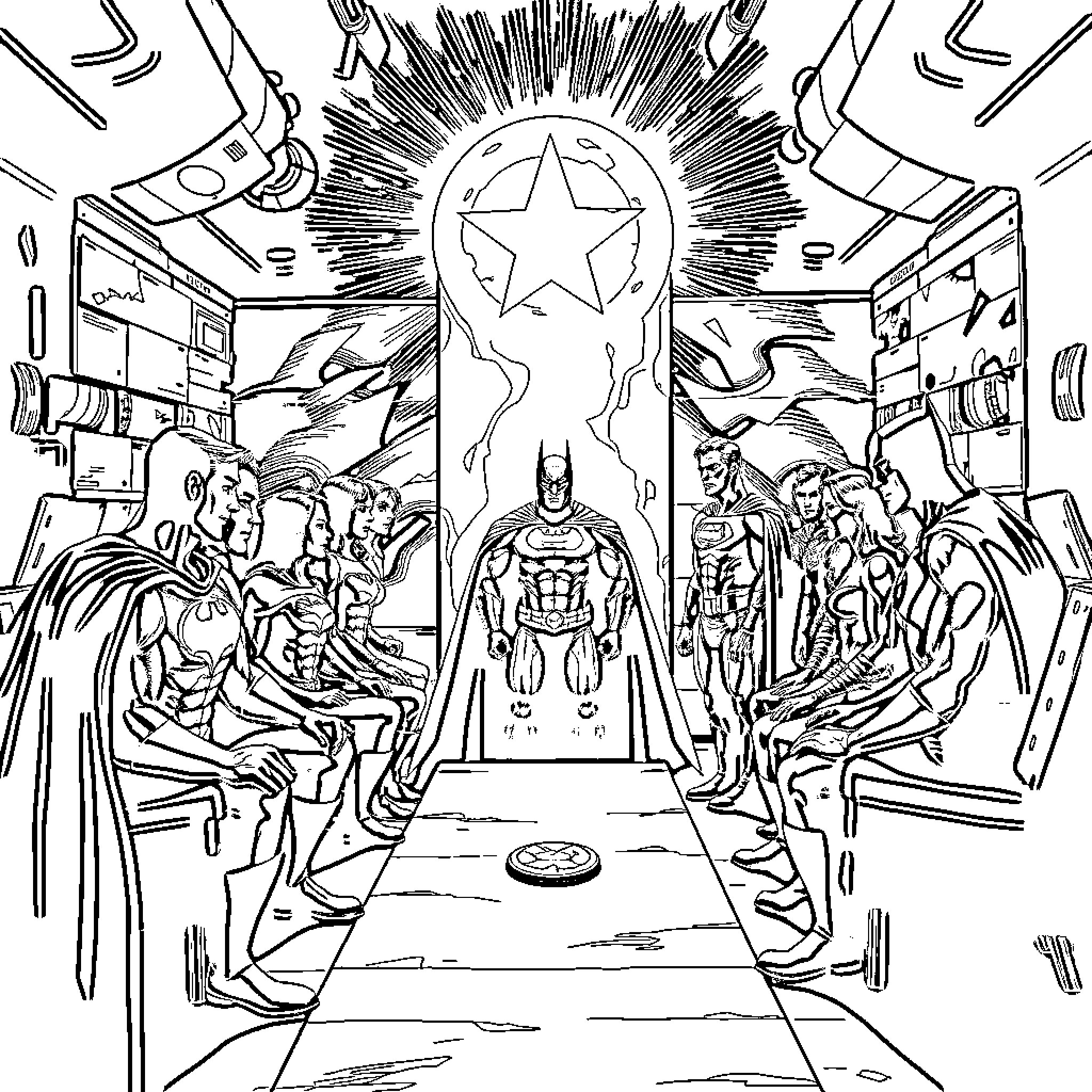 Justice League Assembled in Heroic Poses Coloring Page (free black-and-white line drawing printable PDF for all, from beginners to advanced learners, including children, teens, adults, and seniors)