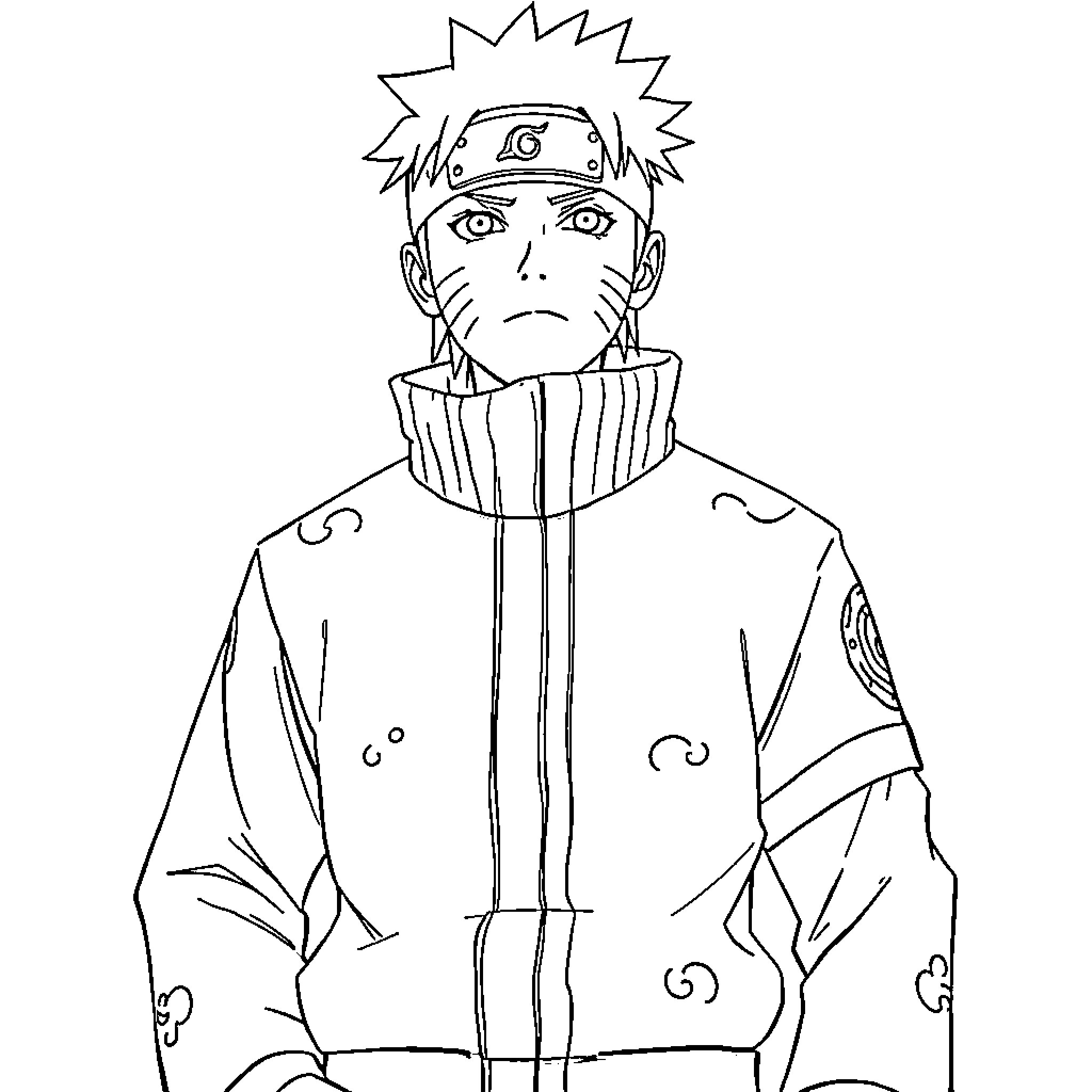Naruto in serious expression with shinobi outfit Coloring Page (free black-and-white line drawing printable PDF for all, from beginners to advanced learners, including children, teens, adults, and seniors)