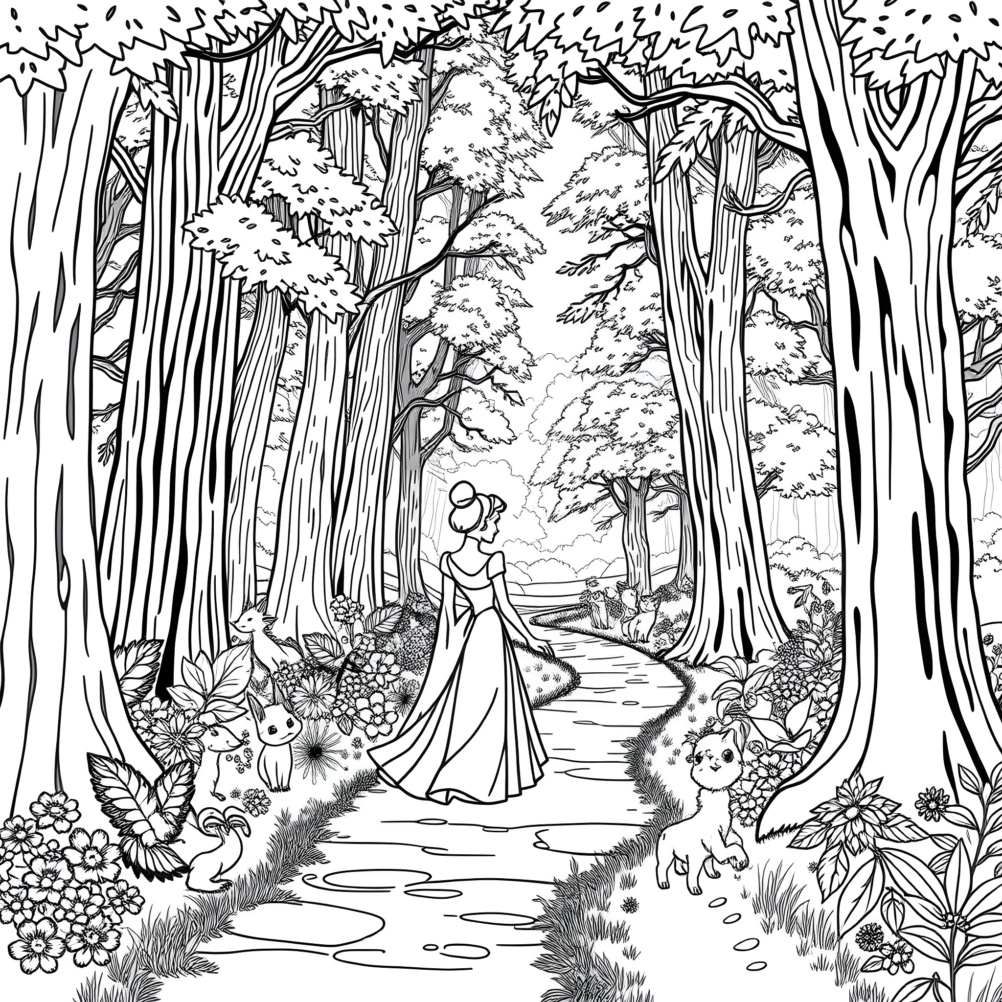Cinderella's Enchanting Forest Adventure Coloring Page (free black-and-white line drawing printable PDF for all, from beginners to advanced learners, including children, teens, adults, and seniors)