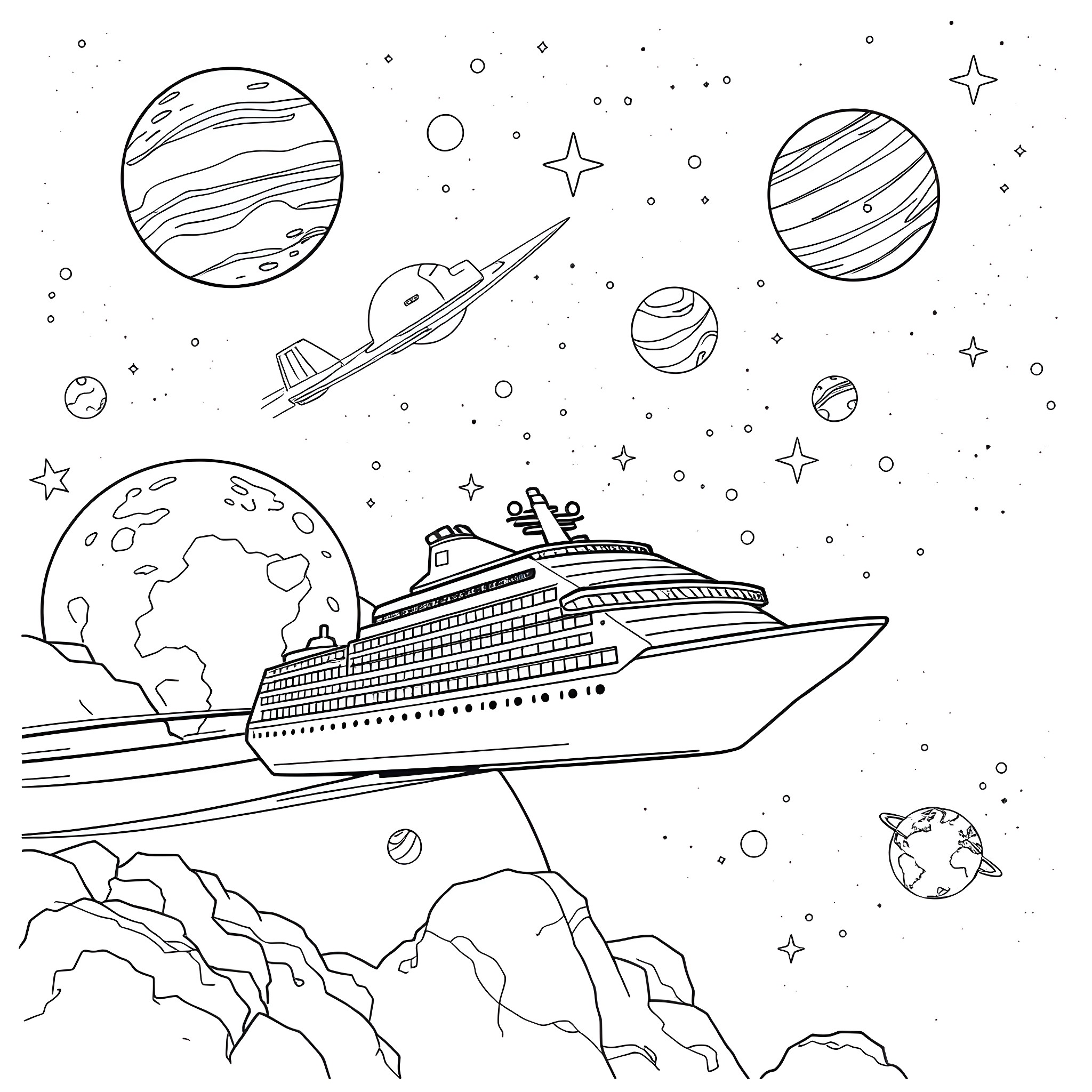 Space Ship Voyage Through the Cosmic Expanse Coloring Page (free black-and-white line drawing printable PDF for all, from beginners to advanced learners, including children, teens, adults, and seniors)