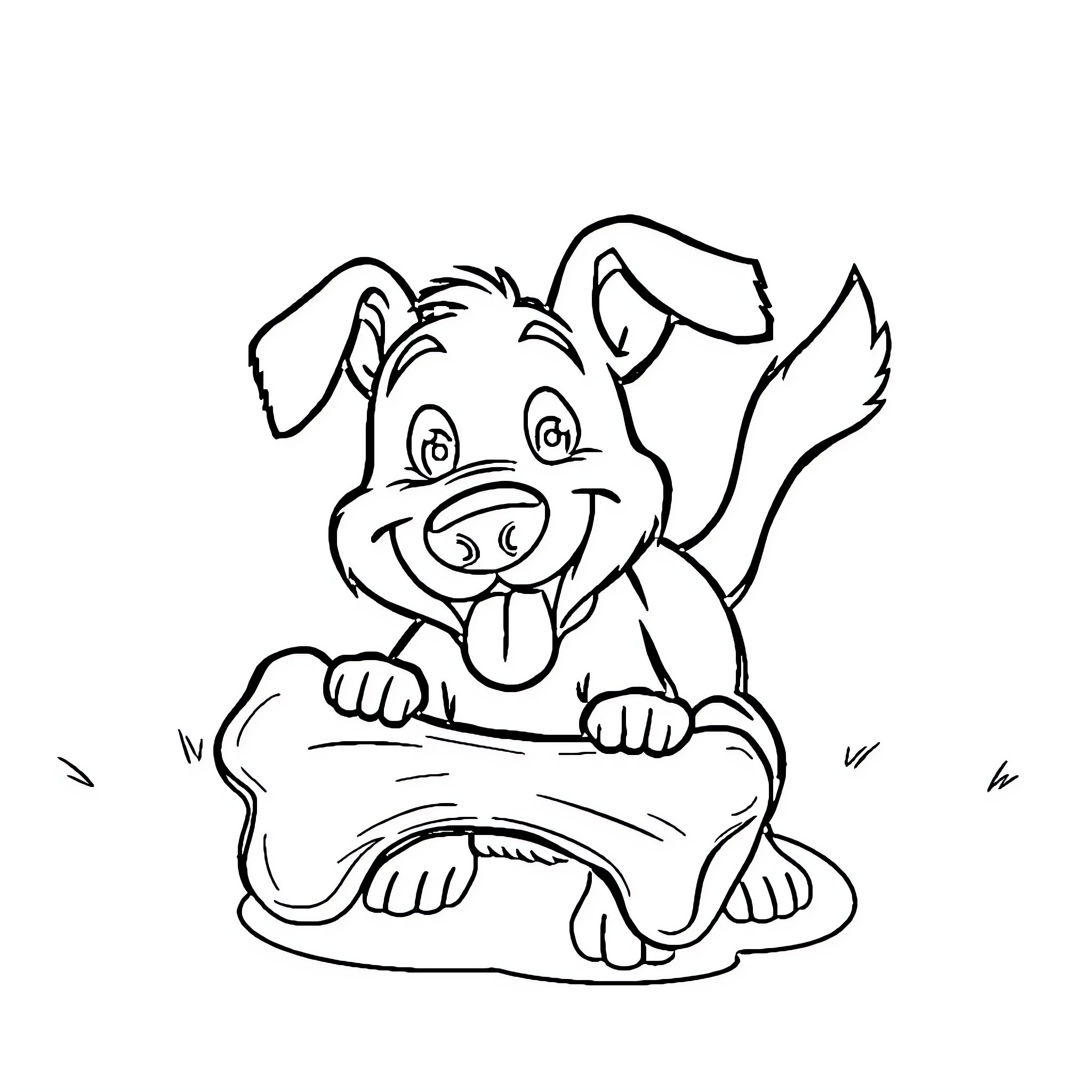 Dog happily chewing on a large bone Coloring Page (free black-and-white line drawing printable PDF for all, from beginners to advanced learners, including children, teens, adults, and seniors)