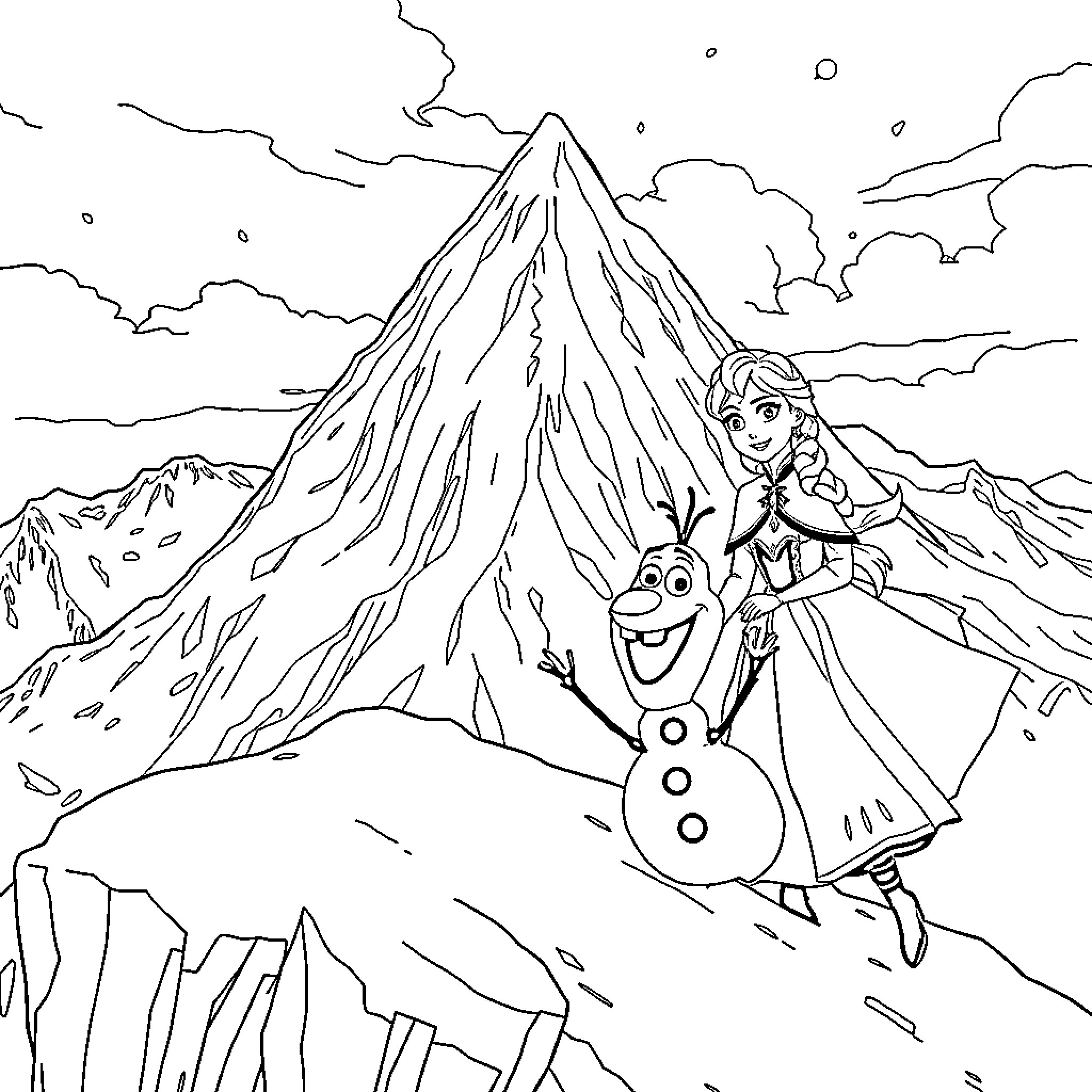 Anna Elsa Olaf Exploring Snowy Mountain Landscape Coloring Page (free black-and-white line drawing printable PDF for all, from beginners to advanced learners, including children, teens, adults, and seniors)