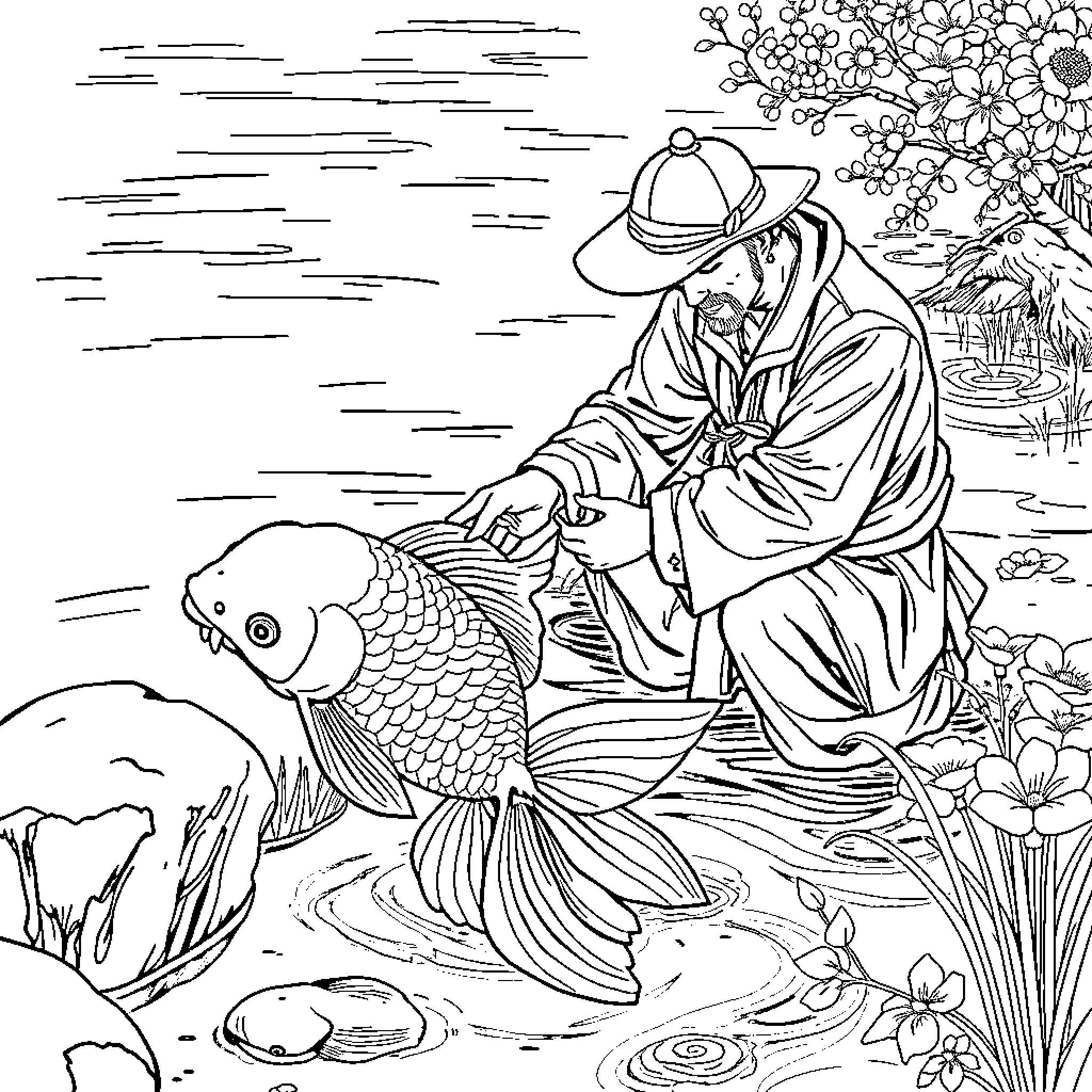 Sakura Fisherman's Tranquil Moment Coloring Page (free black-and-white line drawing printable PDF for all, from beginners to advanced learners, including children, teens, adults, and seniors)