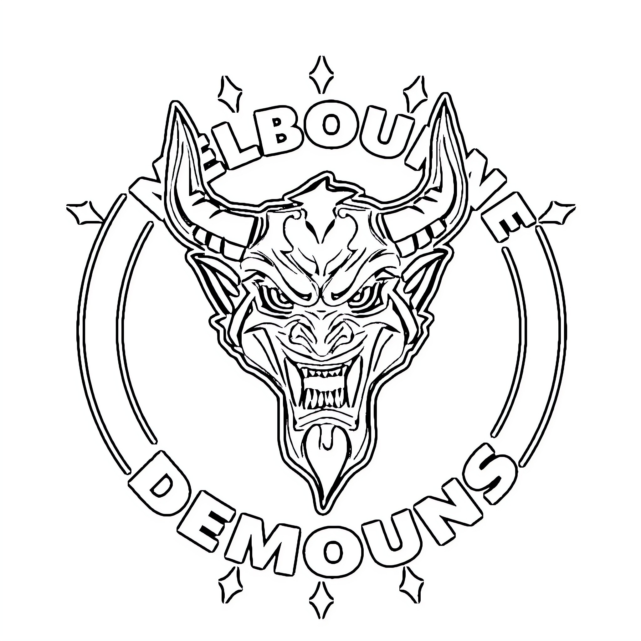 Melbourne Demons Fierce Demon Logo Design Coloring Page (free black-and-white line drawing printable PDF for all, from beginners to advanced learners, including children, teens, adults, and seniors)